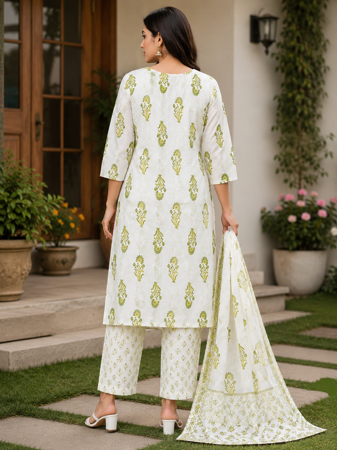 Elegant White and Green Block-Print Style Rayon 3-Piece Kurti Set