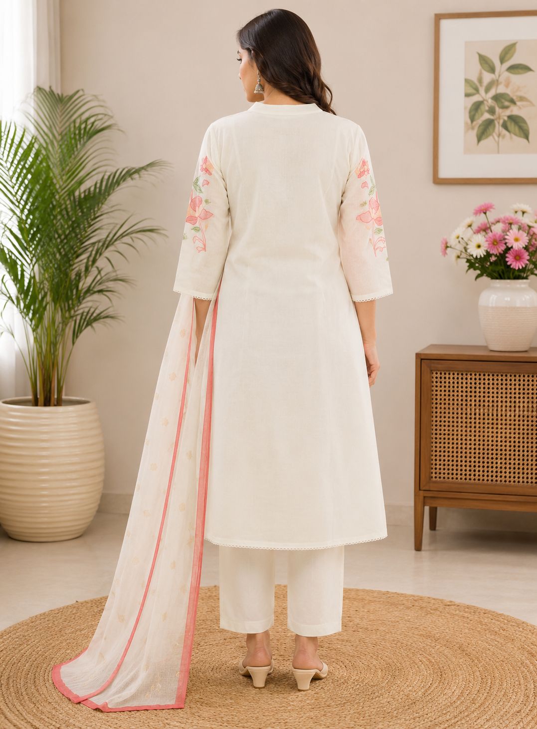 Elegant White Embroidered Cotton 3-Piece Kurti Set
