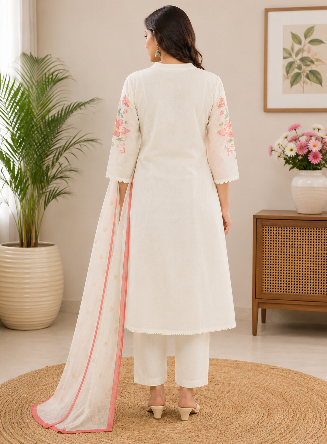 Elegant White Embroidered Cotton 3-Piece Kurti Set