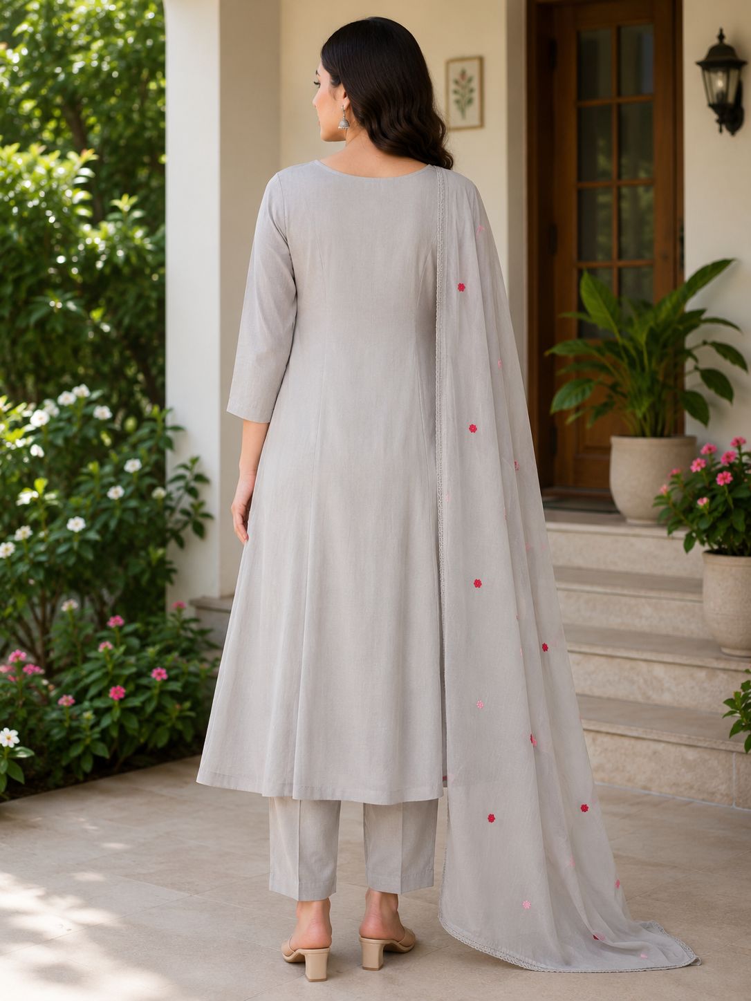 Elegant Light Grey Pleated and Embroidered Light Grey / Silver Grey with Pink and Green Floral Accents 3-Piece Silk Kurti Set