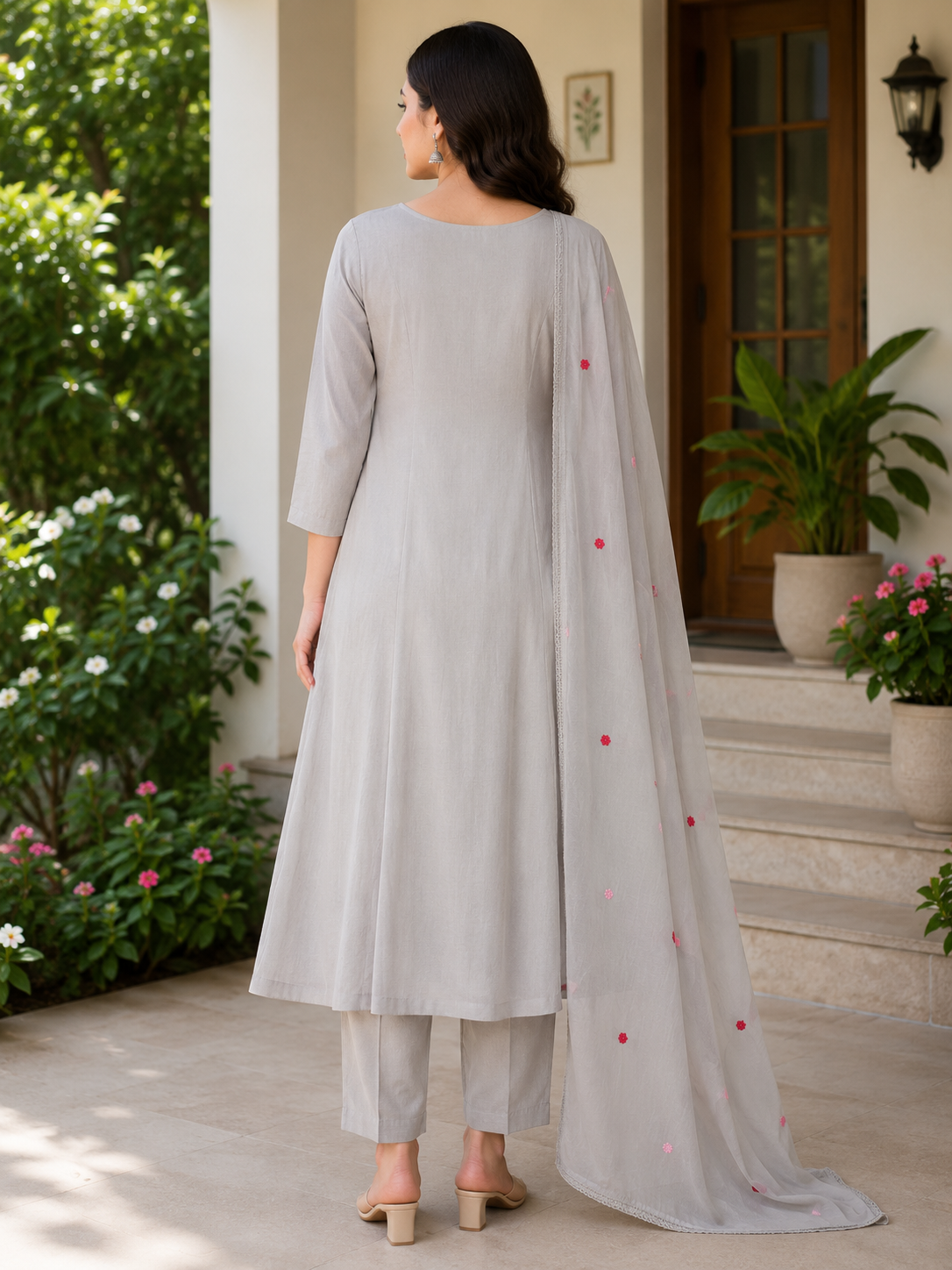 Elegant Light Grey Pleated and Embroidered Light Grey / Silver Grey with Pink and Green Floral Accents 3-Piece Silk Kurti Set