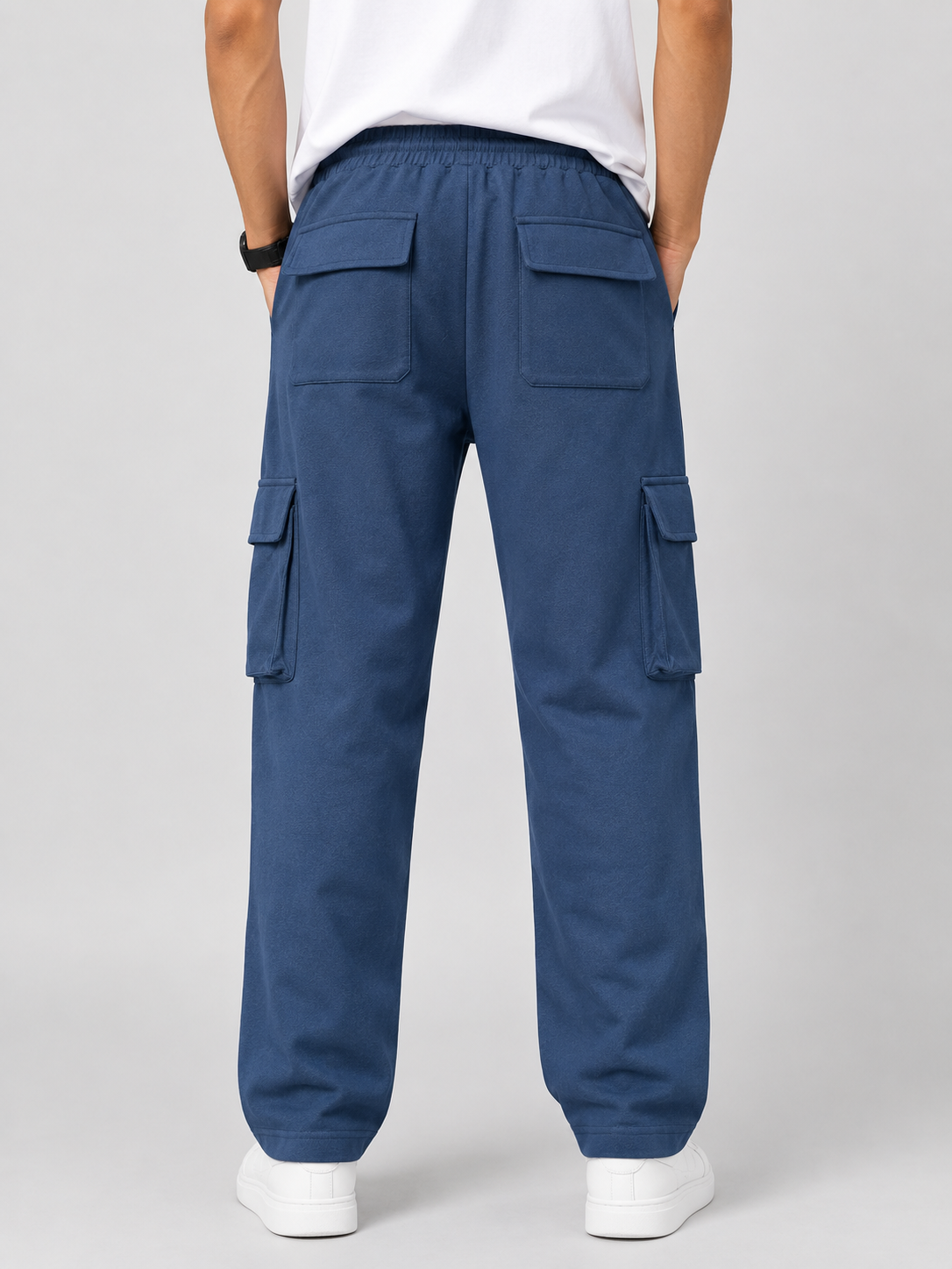 Men's Navy Blue Cargo Pant - 6 Pockets - Baggy Straight Fit - Elastic Waist with Drawstring - Casual StreetweaR