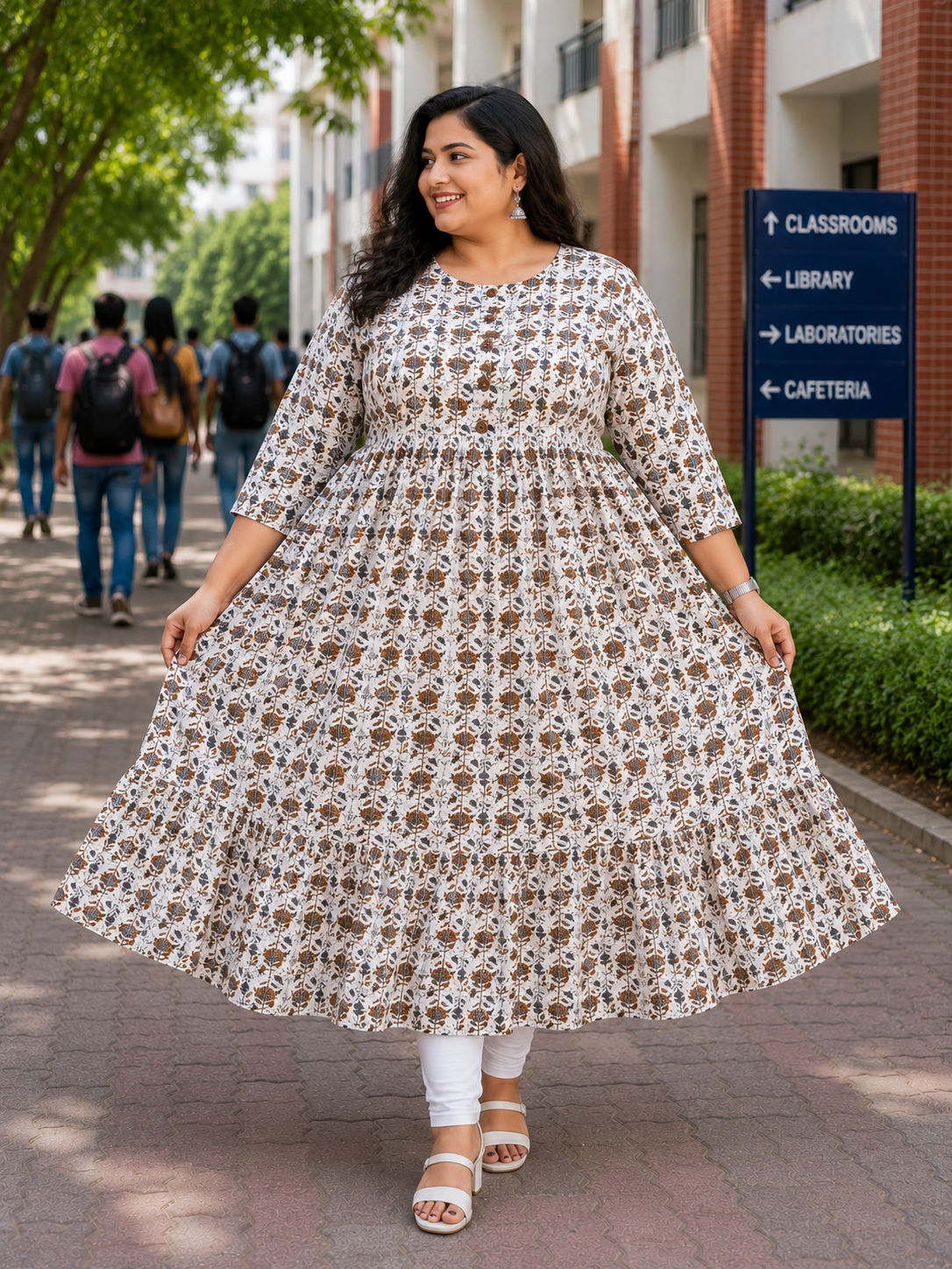 Women's Cream with Brown and Navy Blue Print Printed Flared Umbrella model kurti with Elbow Sleeves