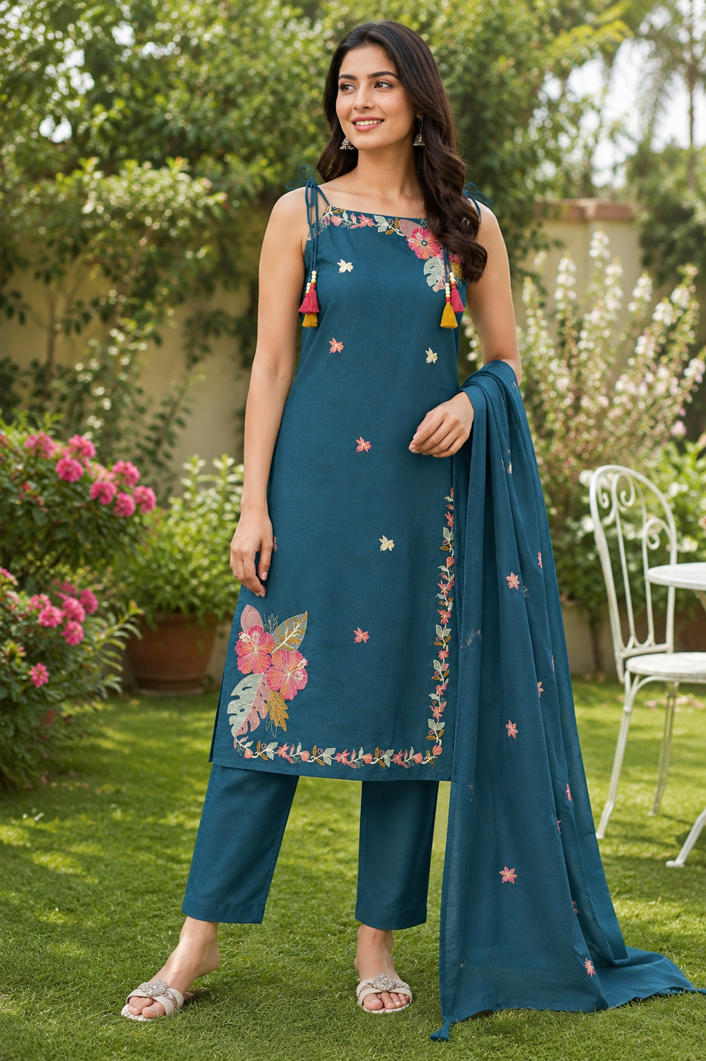 Vibrant Teal Blue Embroidered Cotton Sleeveless 3-Piece Kurti Set