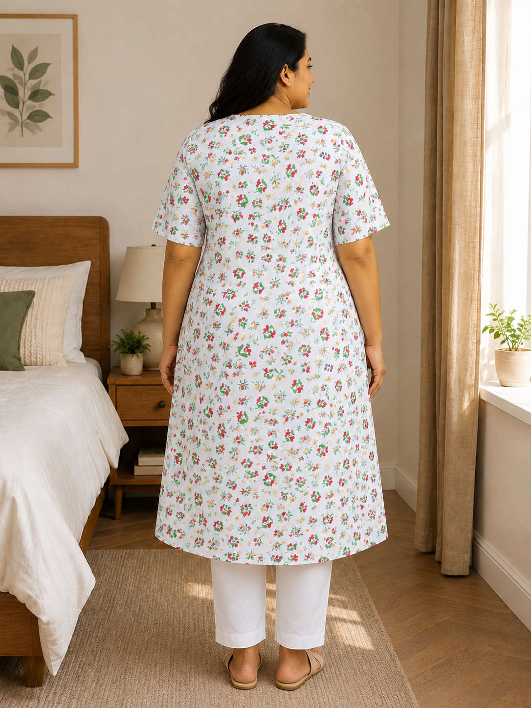 Women's White Cotton Kurti - Red & Green Small Floral Print  Round Neck  Elbow Sleeves Straight Cut with Pocket