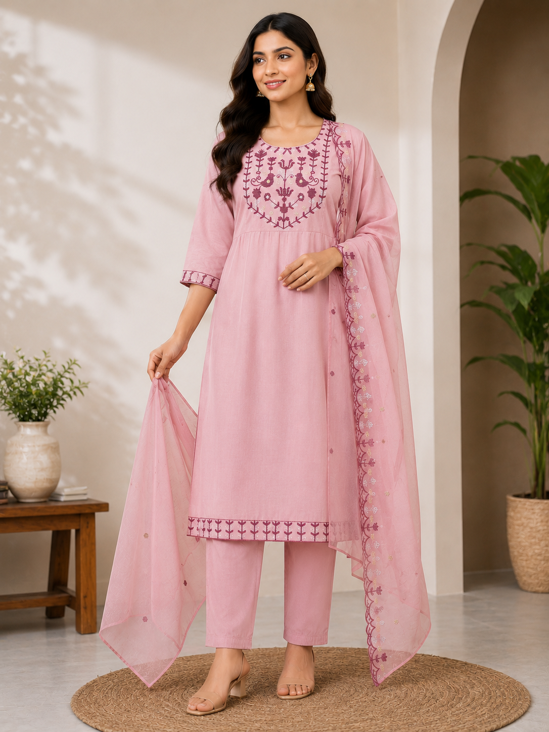 Graceful Light Pink Embroidered Rayon 3-Piece Anarkali Kurti Set