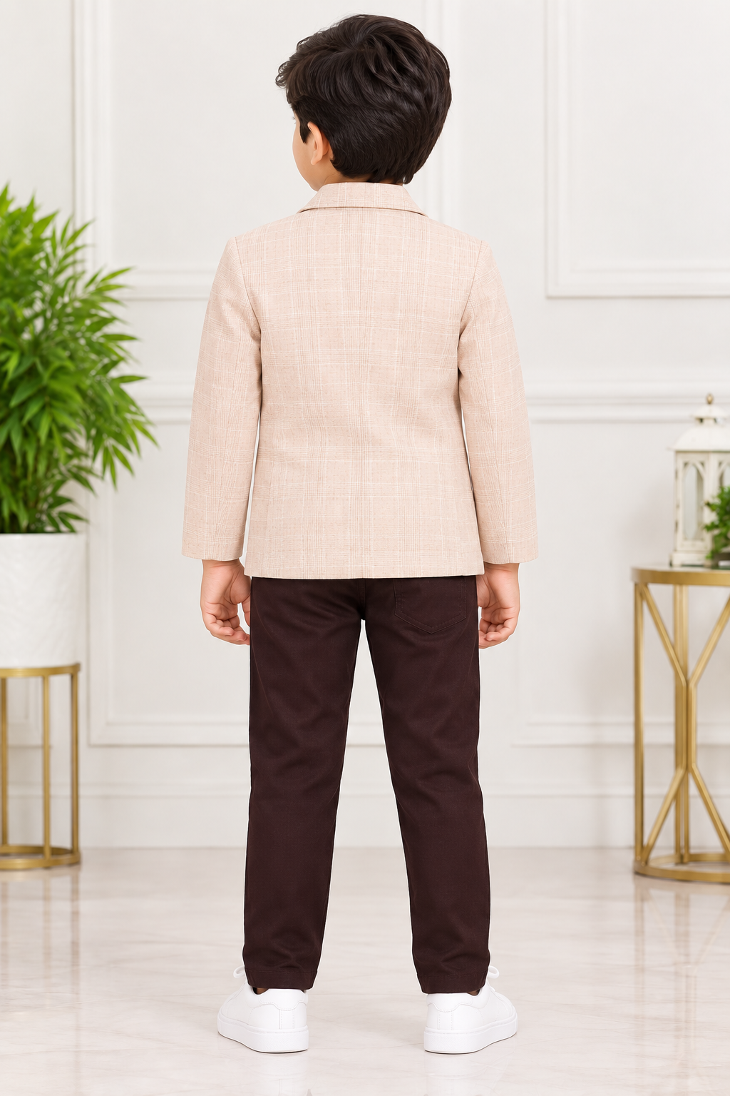 Boys Beige Blazer and Dark Brown Elastic Waist Pant Set