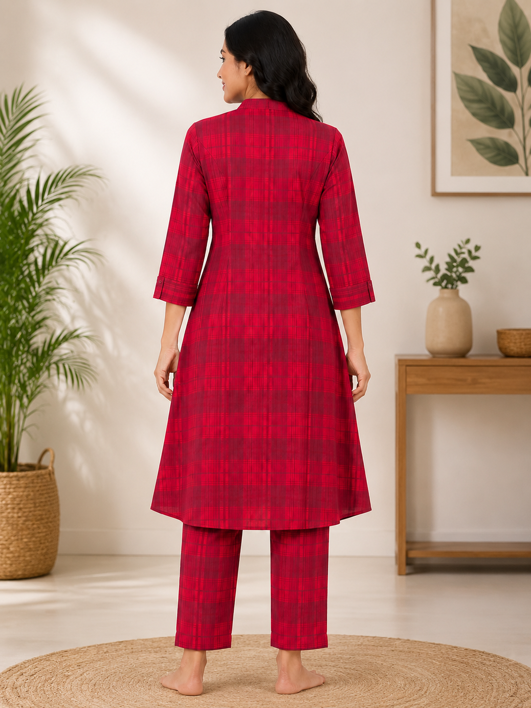 Women's maroon red & cream Princess Cut Kurti & Pant Co-Ord Set with Mandarin Collar and Folded Cuff Sleeves