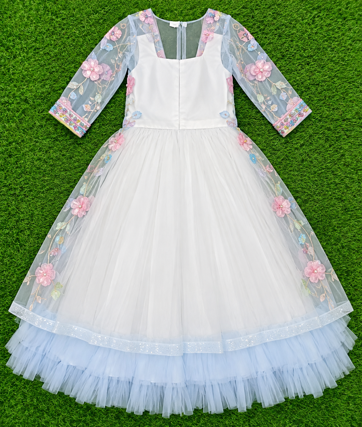 Girls White Floral Embellished Party Long Frock