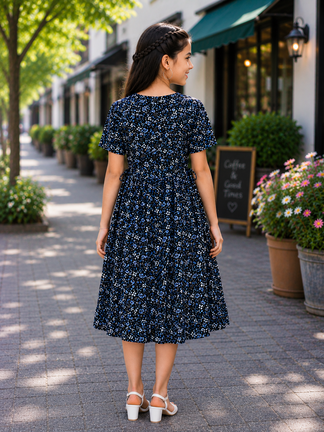 Teen Colours Navy Blue Ditsy Floral Reyon Dress for Girls