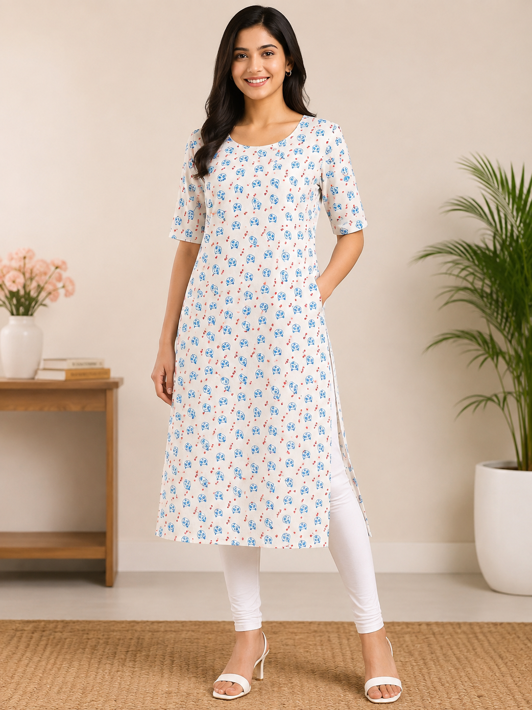 Womens White color Rayon Kurti - Blue Panda and Red Heart Print, Round Neck, Elbow Sleeves, Straight Cut with Pocket