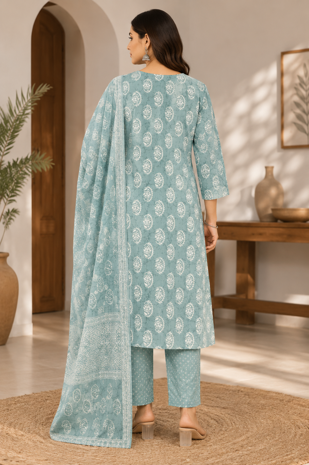 Elegant Sea Green and White Paisley Printed Cotton 3-Piece Kurti Set