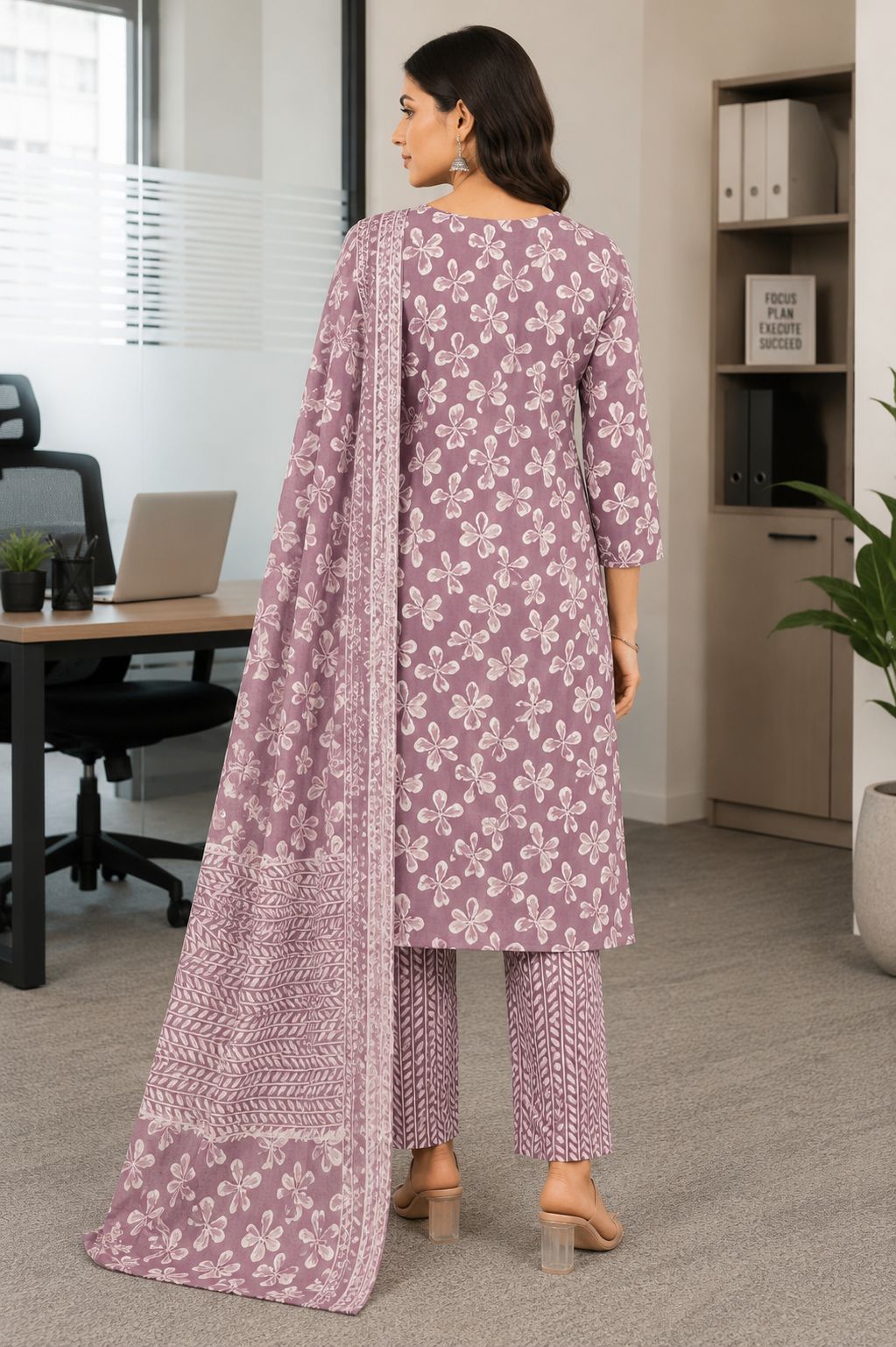 Elegant Mauve and White Floral Printed Cotton 3-Piece Kurti Set