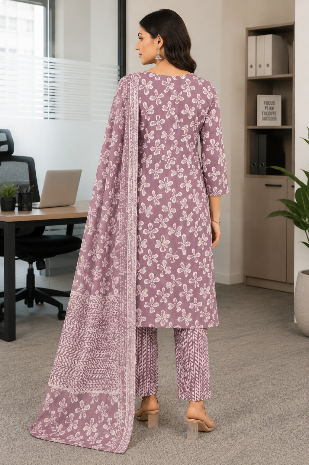 Elegant Mauve and White Floral Printed Cotton 3-Piece Kurti Set