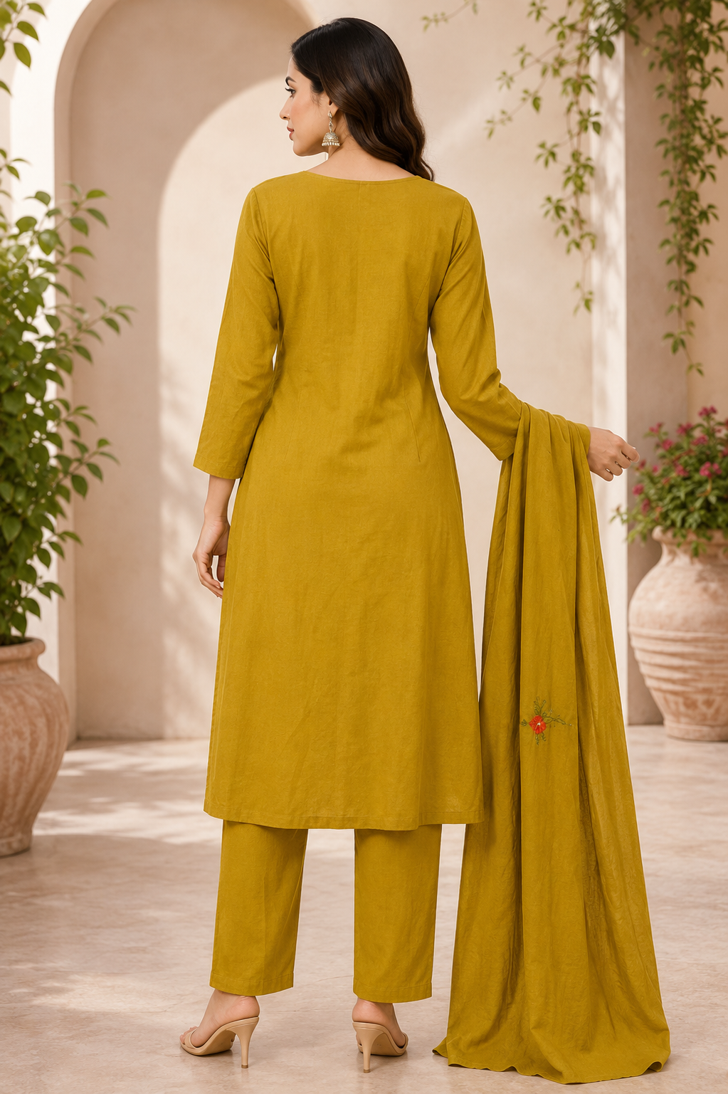 Elegant Olive Green Floral Embroidered Cotton 3-Piece Kurthi Set