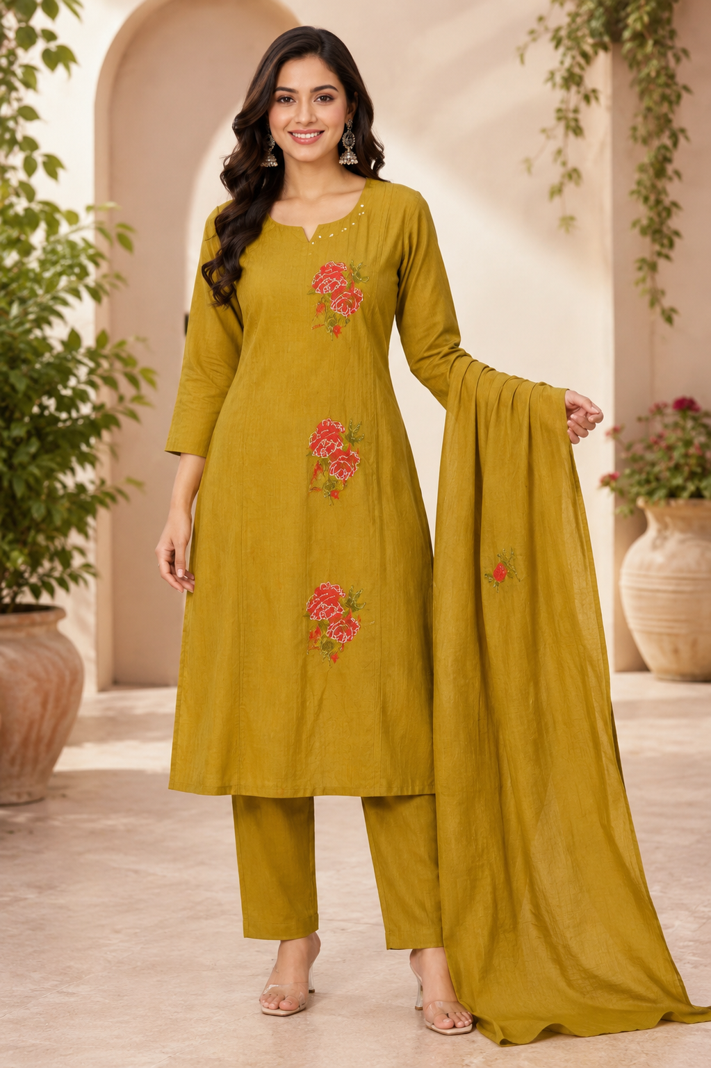Elegant Olive Green Floral Embroidered Cotton 3-Piece Kurthi Set