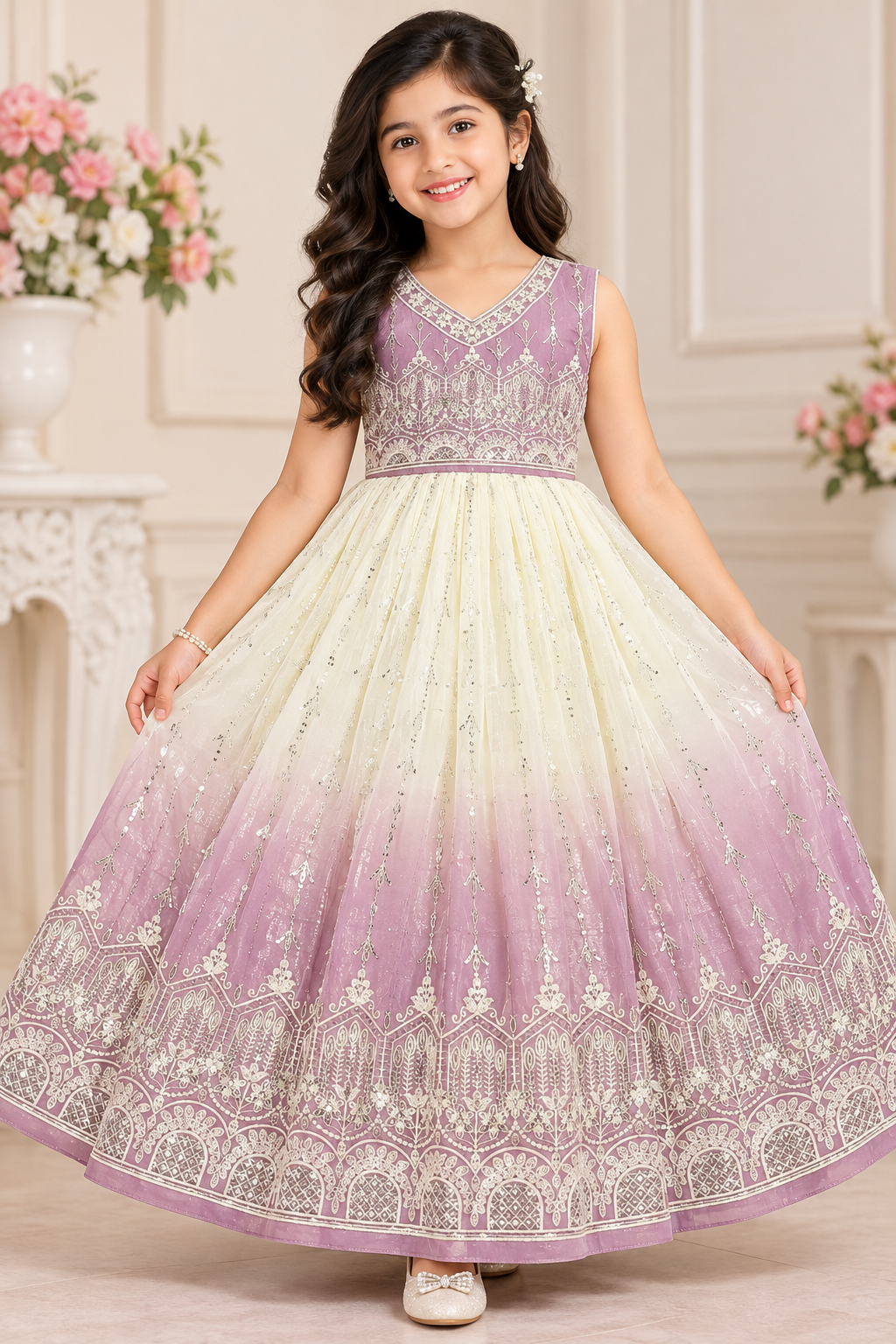 Girls Sleeveless Lavender & Ivory Floral Embroidered Party Wear Frock