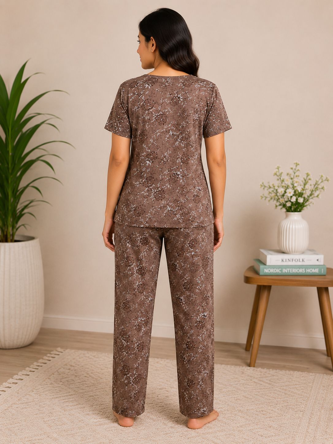 Women's Premium Coffee Brown Cotton Floral Print Elastic Waist Night Suit with Side Slit Top & Straight Pant