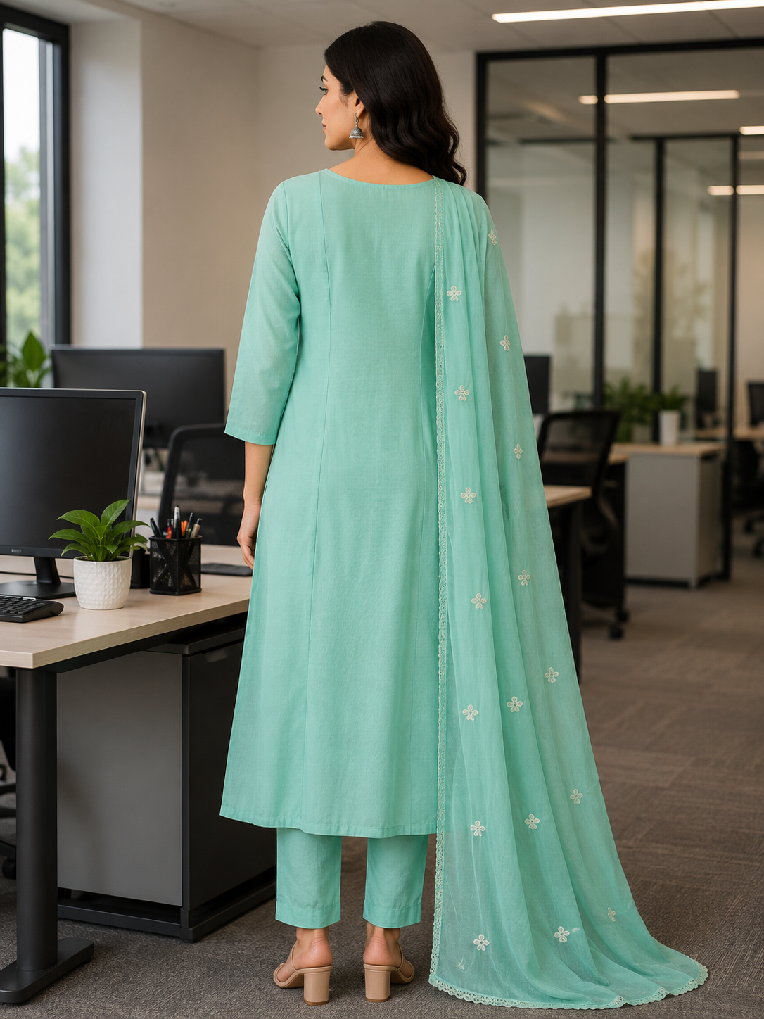 Elegant Sea Green Embroidered 3-Piece Silk Kurti Set