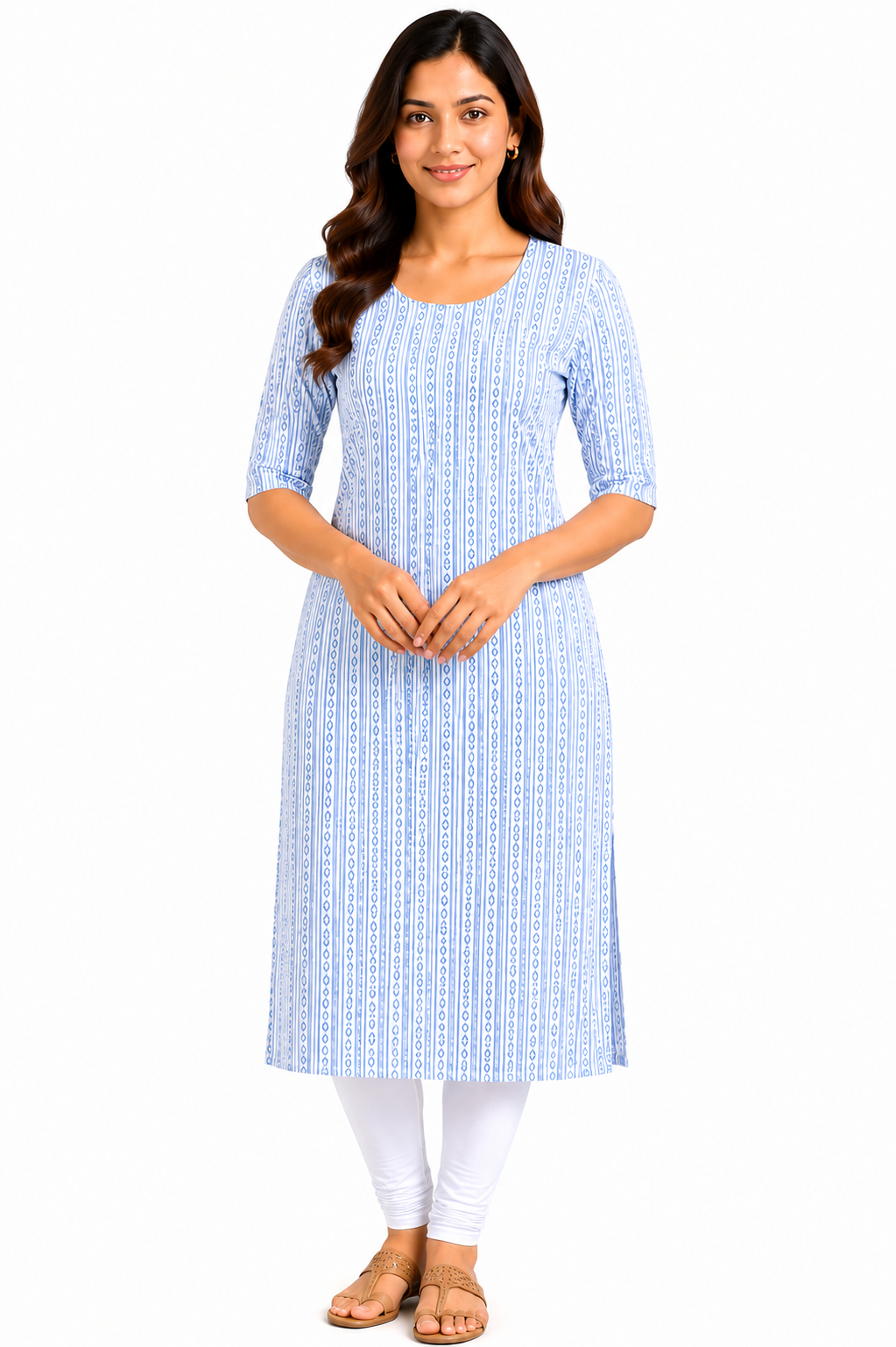 Women’s White & Sky Blue Geometric Striped Cotton Straight-Cut Kurthi with Elbow Sleeves & Pocket