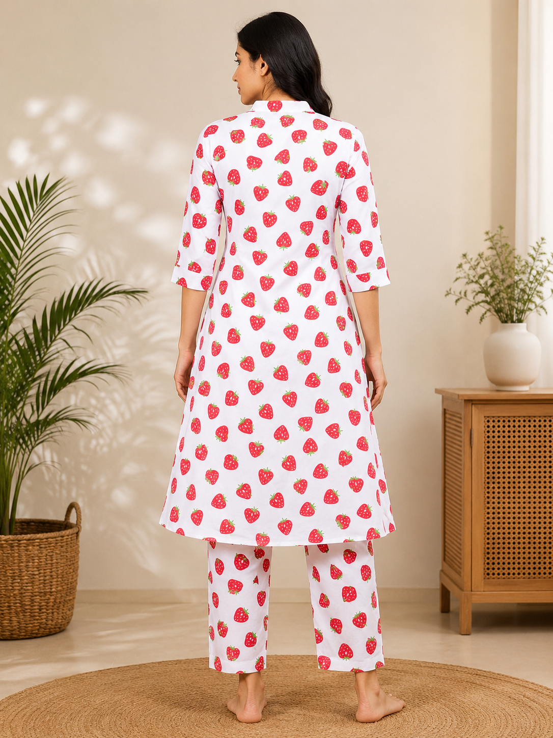 Women's White Strawberry Print Princess Cut Kurti & Pant Co-Ord Set with Mandarin Collar and Folded Cuff Sleeves