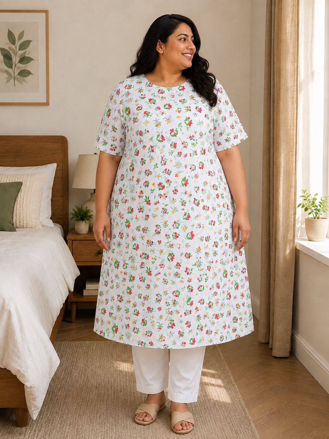 Women's White Cotton Kurti - Red & Green Small Floral Print  Round Neck  Elbow Sleeves Straight Cut with Pocket