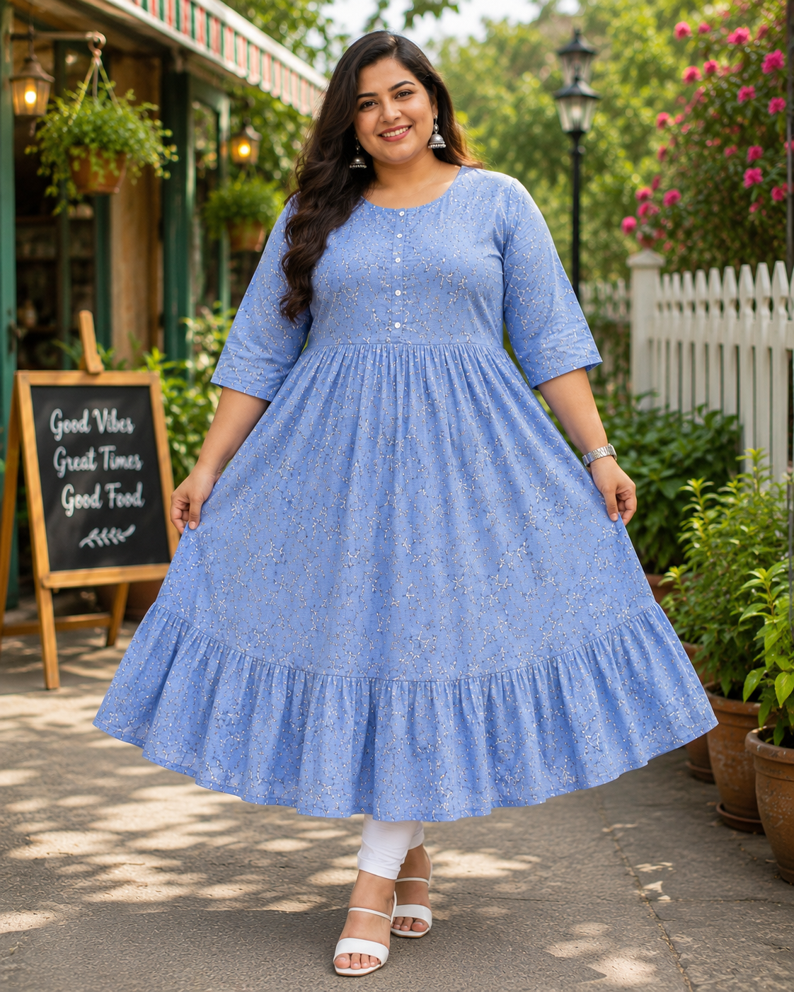 Women's Dusty Blue Printed Flared Umbrella model kurti with Elbow Sleeves