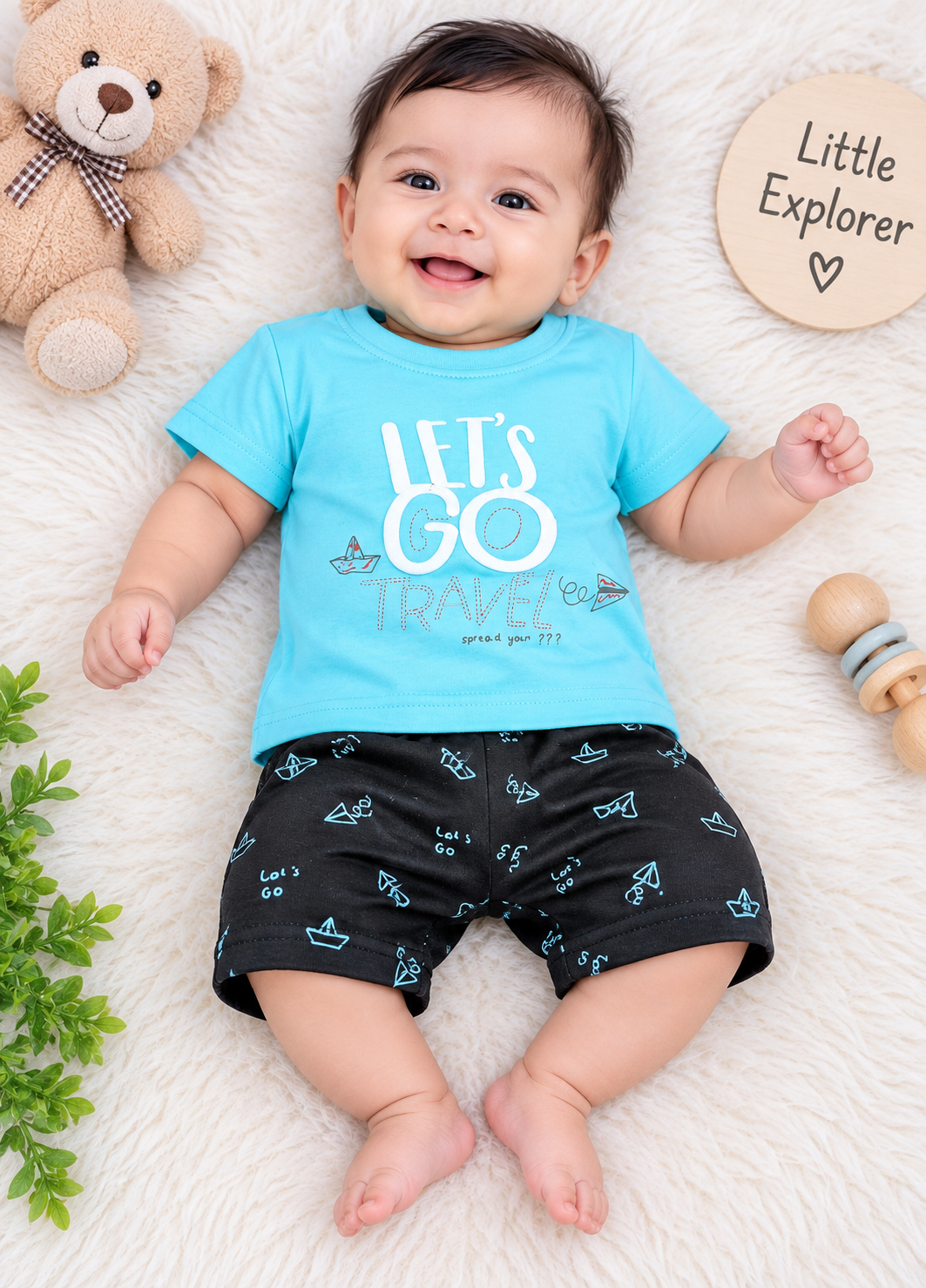 Toddler Boy's "Sky Blue Let's Go Travel" T-Shirt and Printed Short Set