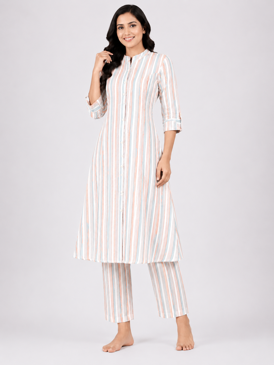 Women's Multi-Colour Striped Princess Cut Kurti & Pant Co-Ord Set with Mandarin Collar and Folded Cuff Sleeves