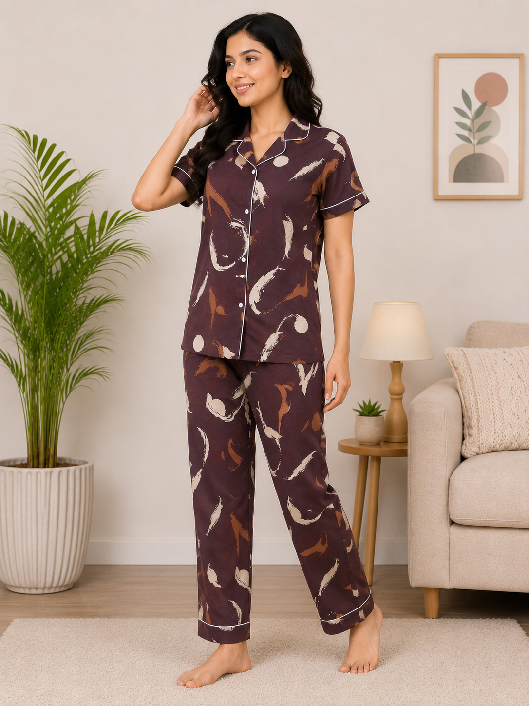 Premium Alfain Burgundy or Wine colour Abstract Co-ord Set  With Button-down front, notch collar, contrast black piping, elasticated waist