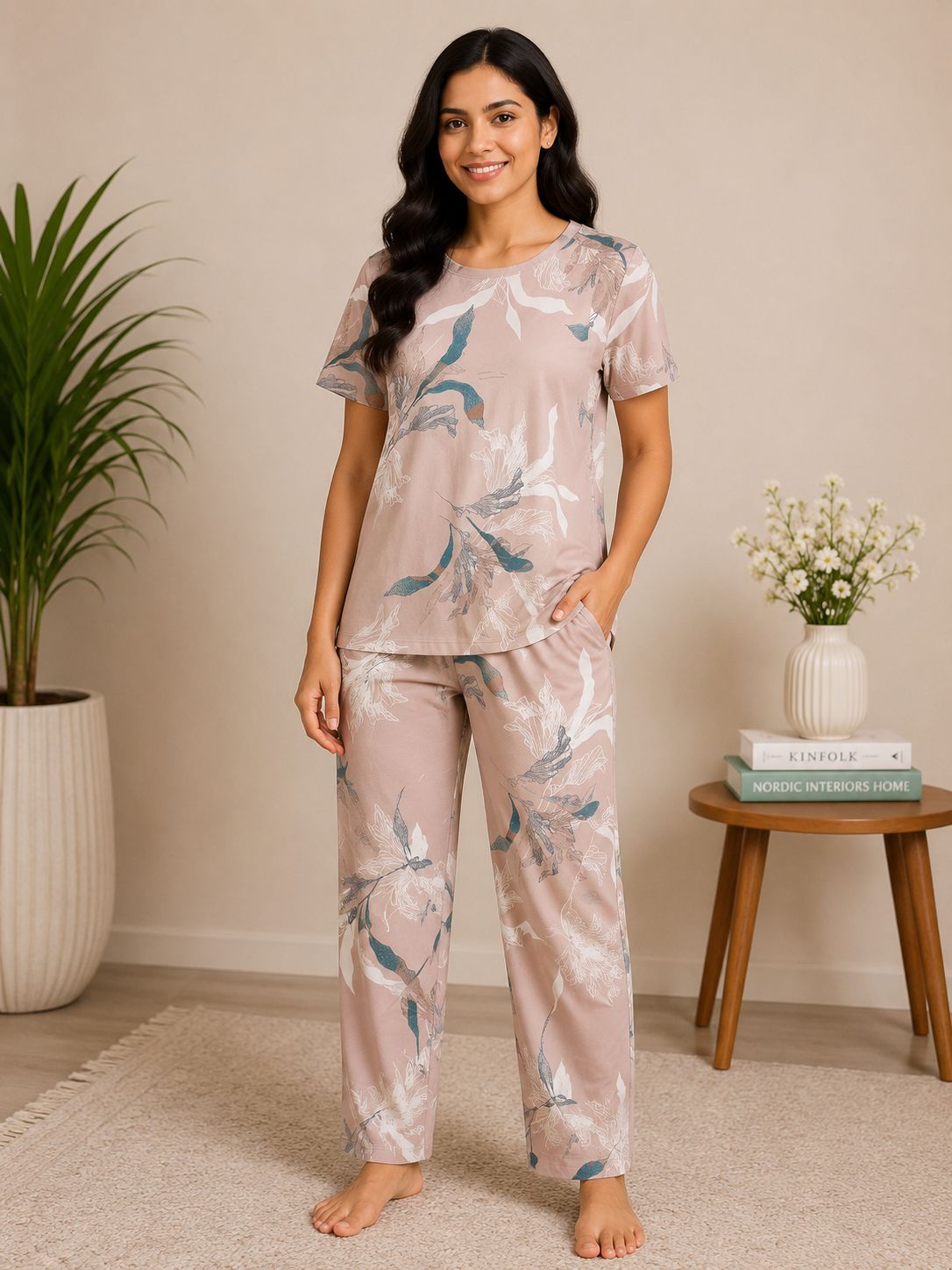 Women's Premium Alfain Fabric Taupe Brown Floral Abstract Print Round Neck Night Suit with Side Slit Top & Elastic Waist Straight Pant