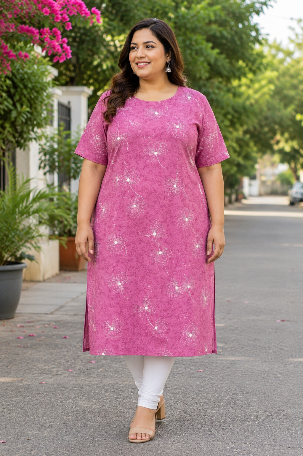 Women’s Dusty Rose Layered Floral Printed Cotton Straight-Cut Kurthi with Elbow Sleeves & Pocket