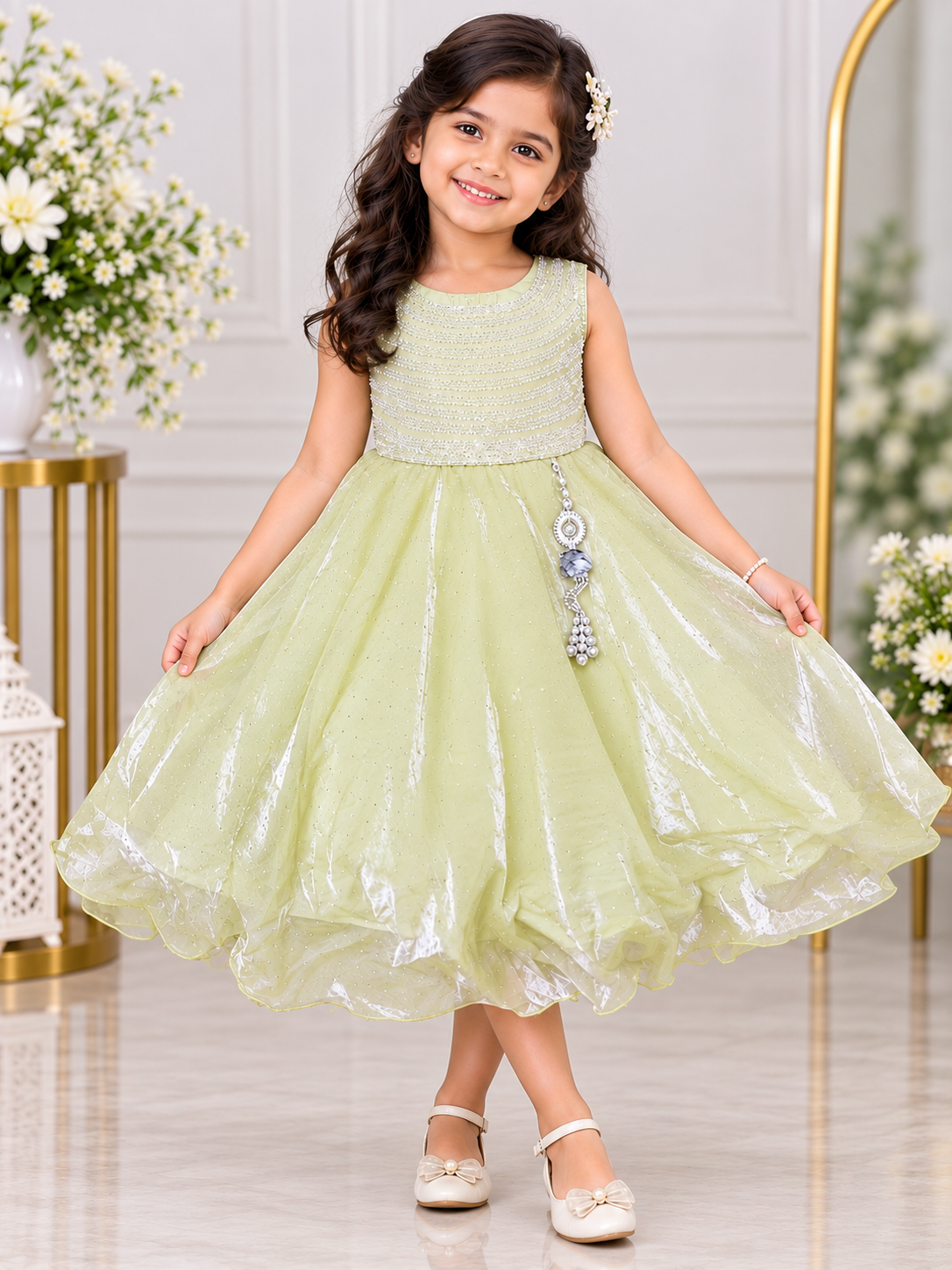 Girls Pista Green Embellished Net Party Wear Frock