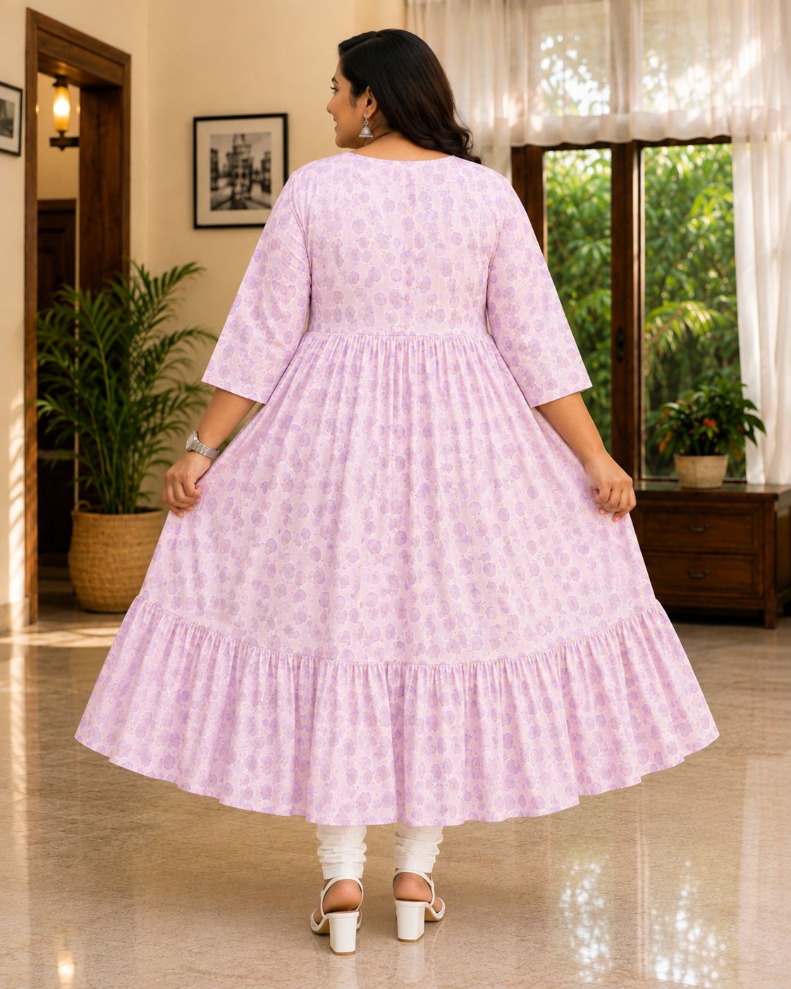 Women's Light Pink and Lavender Printed Flared Umbrella model kurti with Elbow Sleeves