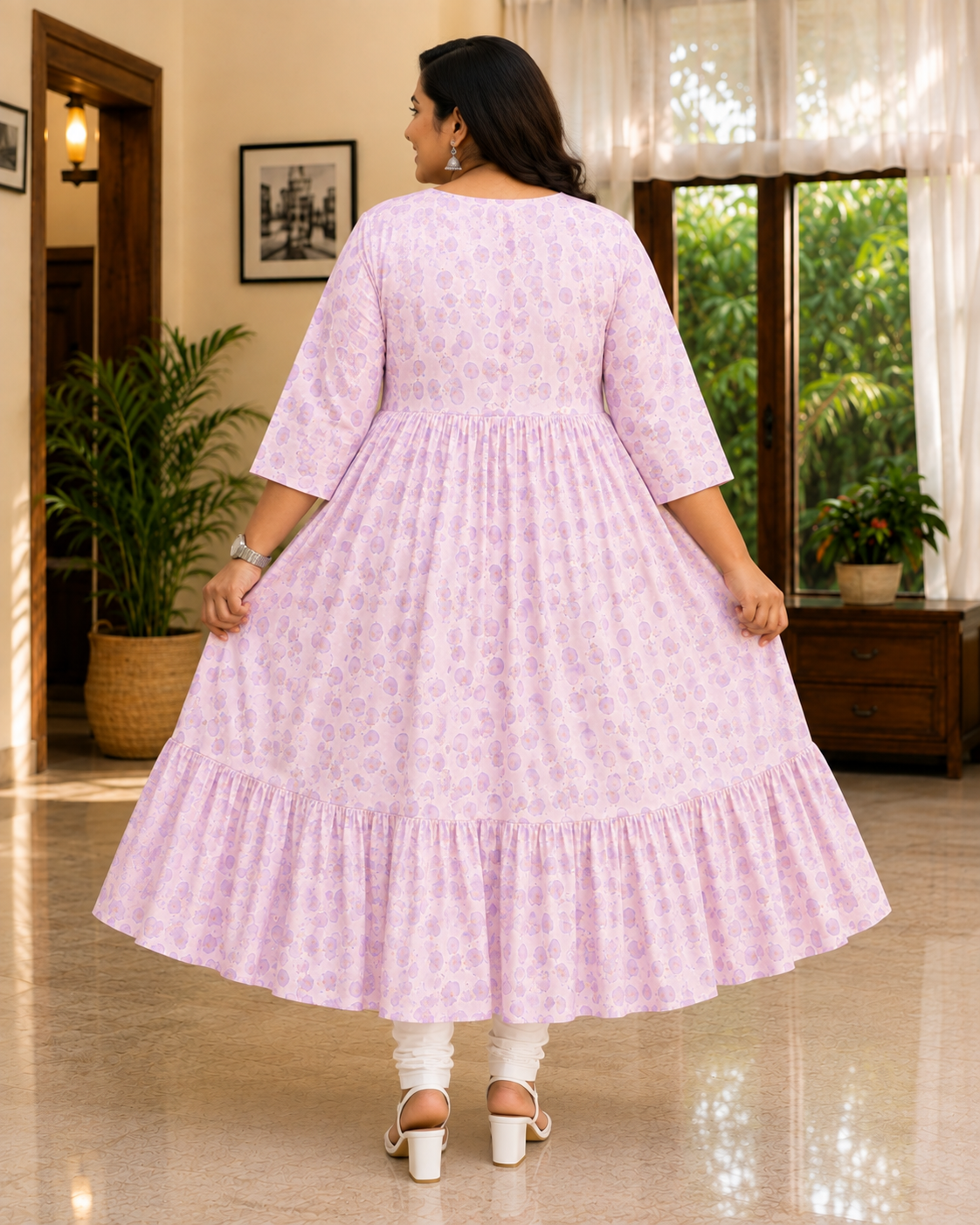 Women's Light Pink and Lavender Printed Flared Umbrella model kurti with Elbow Sleeves
