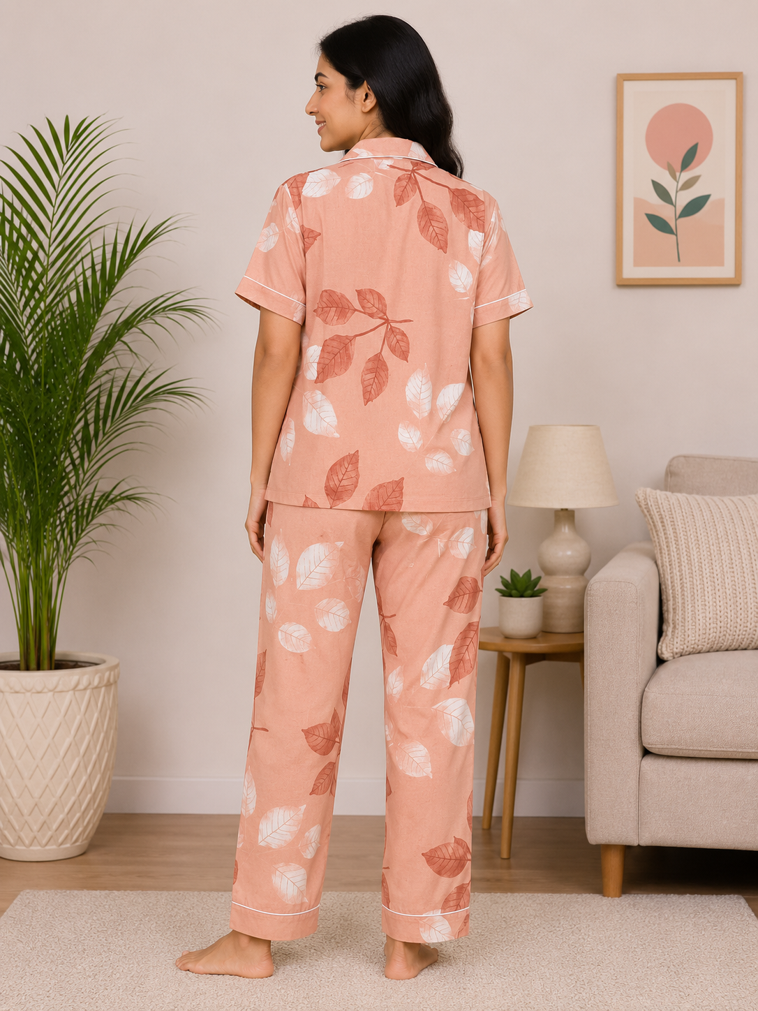 Premium Alfain Peach Botanical Co-ord Set, With Button-down front, notch collar, contrast black piping, elasticated waist.