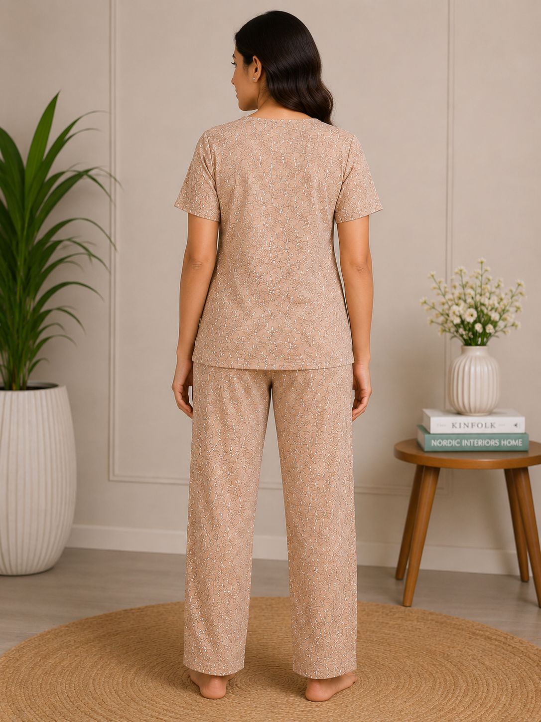 Women's Premium Peach Cotton Floral Print Elastic Waist Night Suit with Side Slit Top & Straight Pant