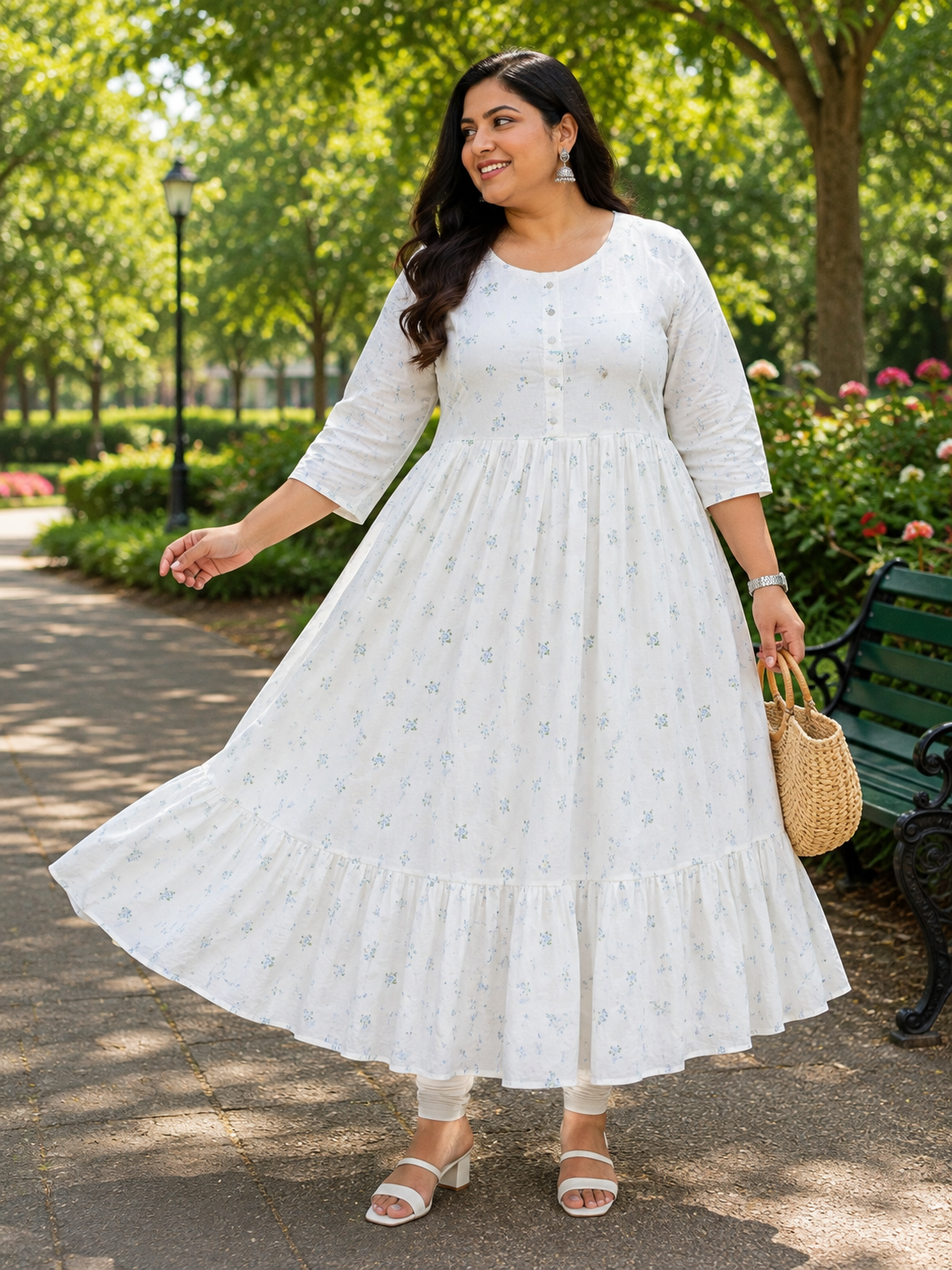 Women's's Off-White with Blue Floral Print Single Piece Two-Step Umbrella Umbrella model kurti with inner lining , Floral Print and Elbow Sleeves