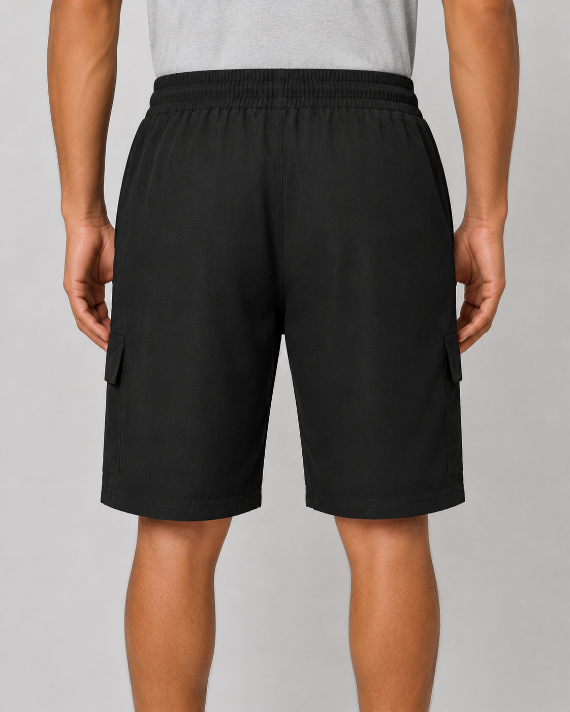 Men’s Black Cargo Sports Shorts with Elastic Waist & Flap Pockets
