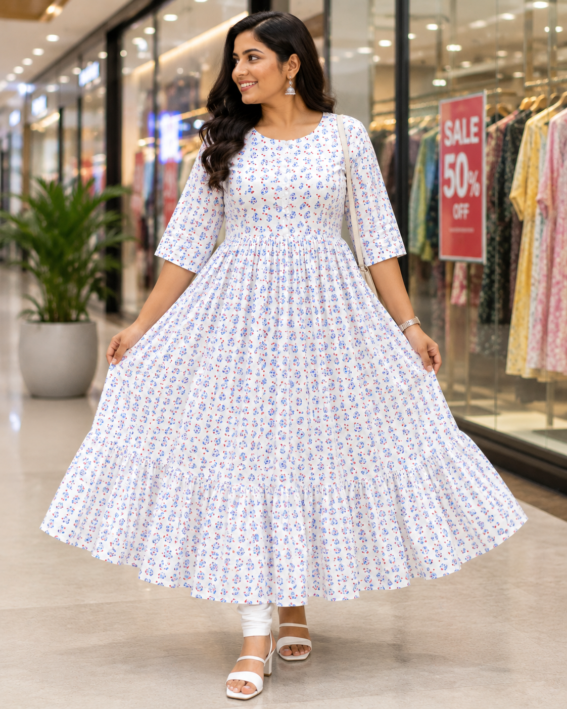 Women's  White with Blue and Red Print Printed Flared Umbrella model kurti with Elbow Sleeves