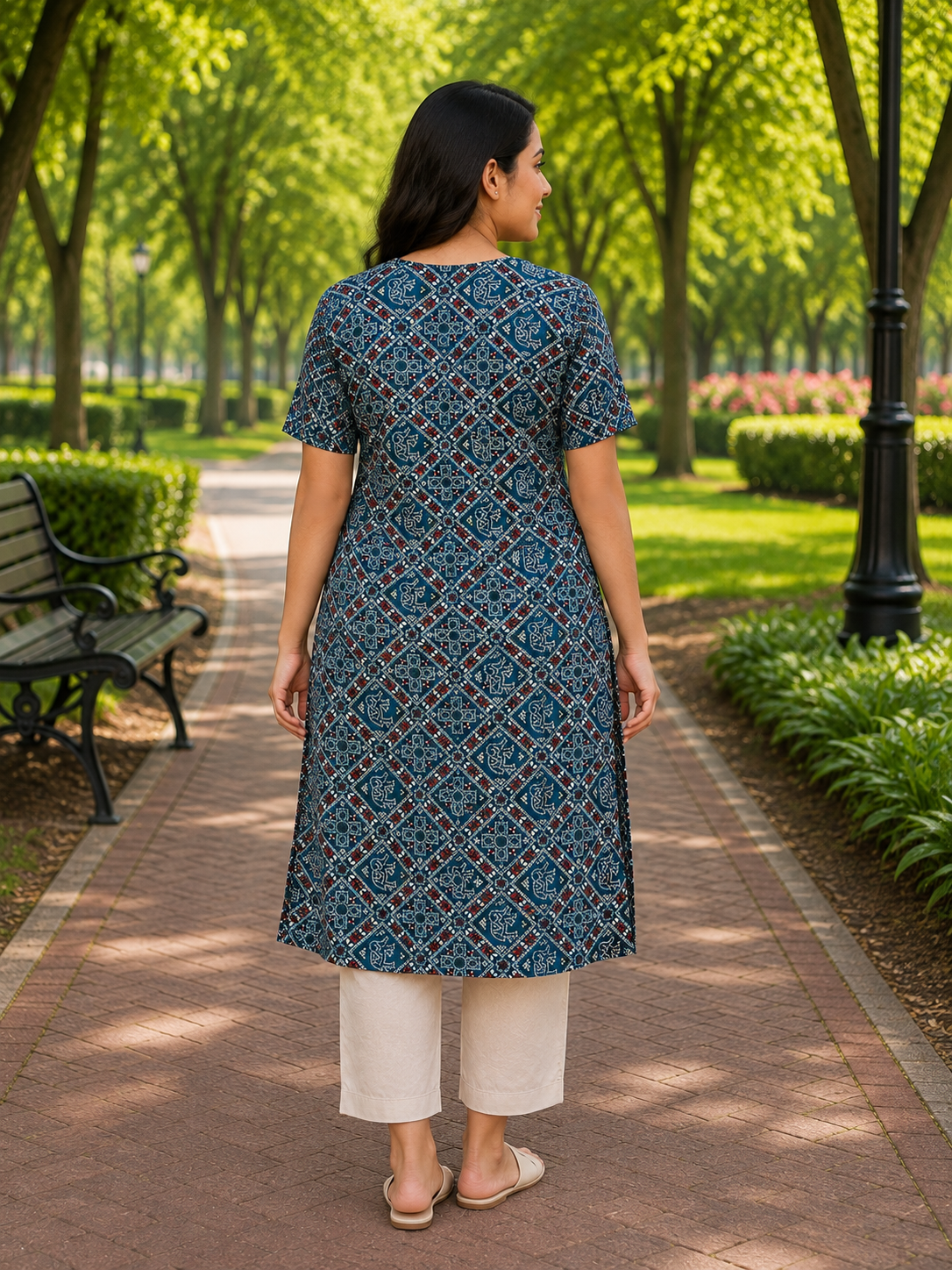 Women’s Peacock Blue Multicolour Ethnic Printed Cotton Straight-Cut Kurthi with Elbow Sleeves & Pocket
