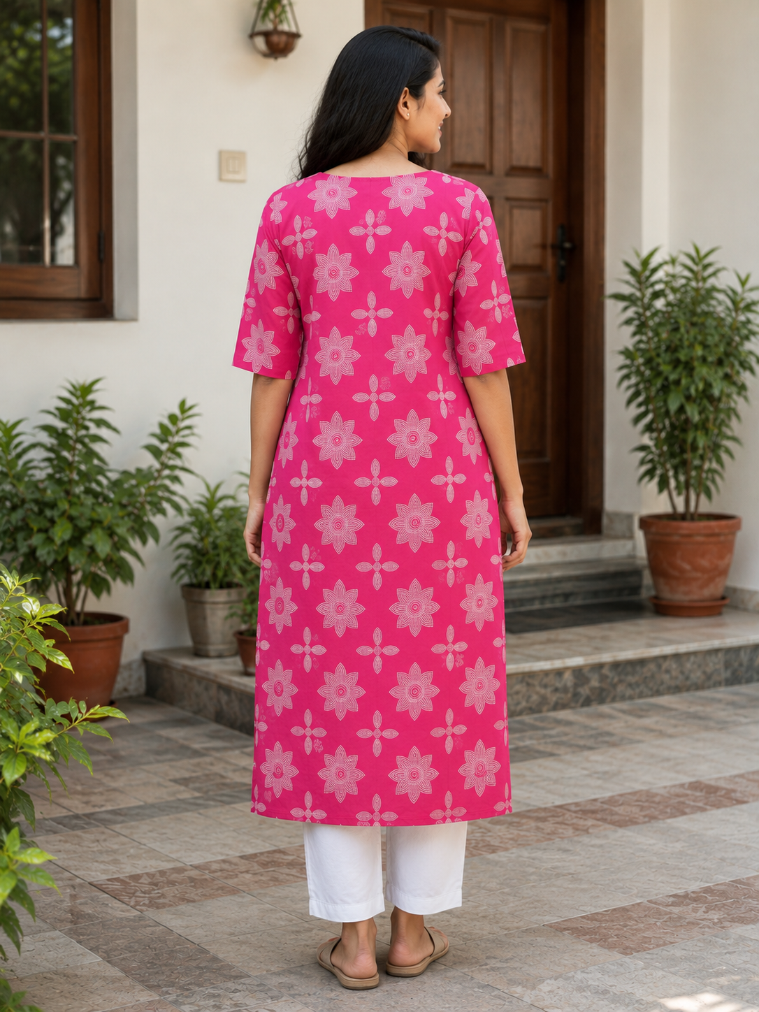 Women’s Rani Pink Floral Printed Cotton Straight-Cut Kurthi with Elbow Sleeves & Pocket