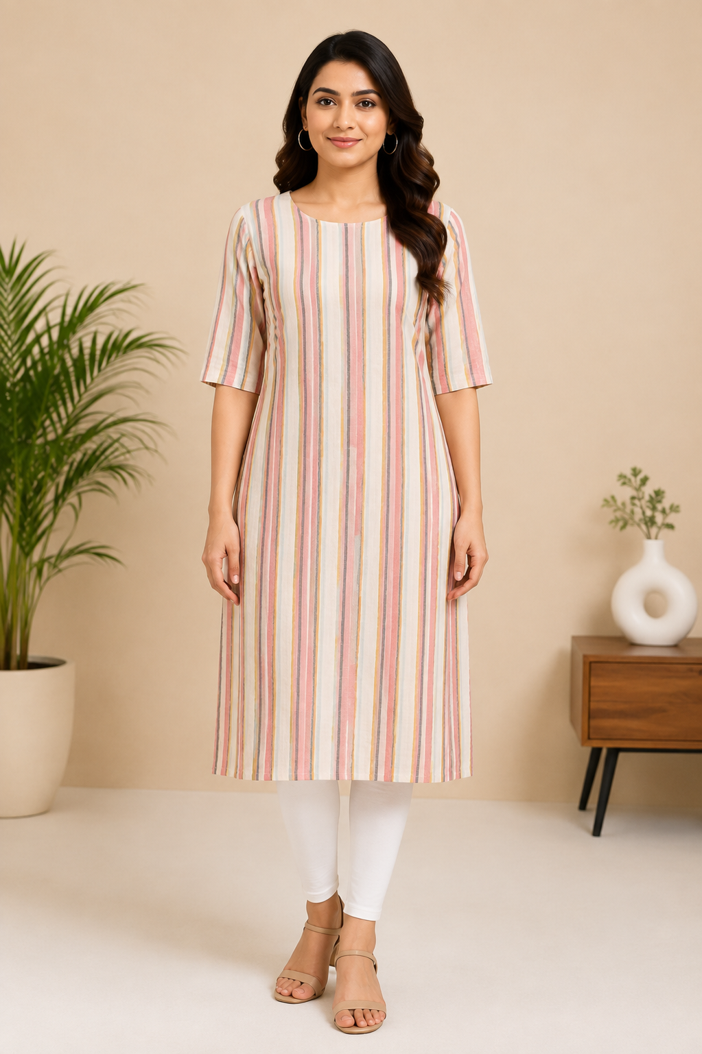 Women’s Cream Multicolour Striped Cotton Linen Straight-Cut Kurthi with Elbow Sleeves & Pocket