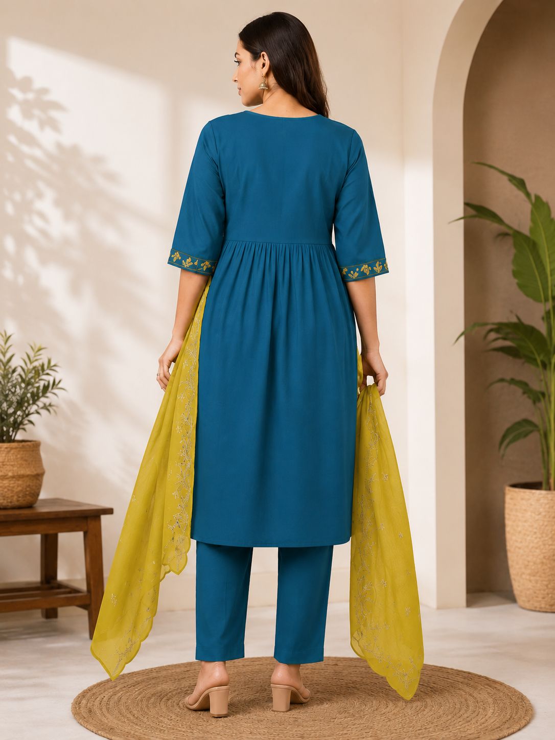 Elegant Teal Blue Embroidered 3-Piece Kurti Set with Detailed Yoke