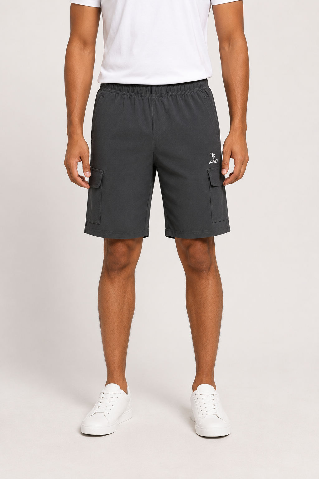 Men’s dark grey Cotton Cargo Shorts with Elastic Waist & Flap Pockets
