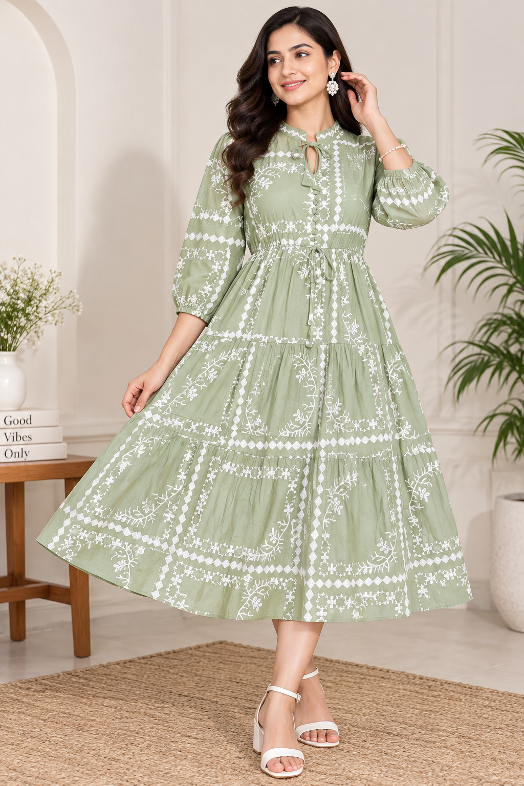 Women’s Light Pista Green Cotton Embroidered Tiered Long Kurti