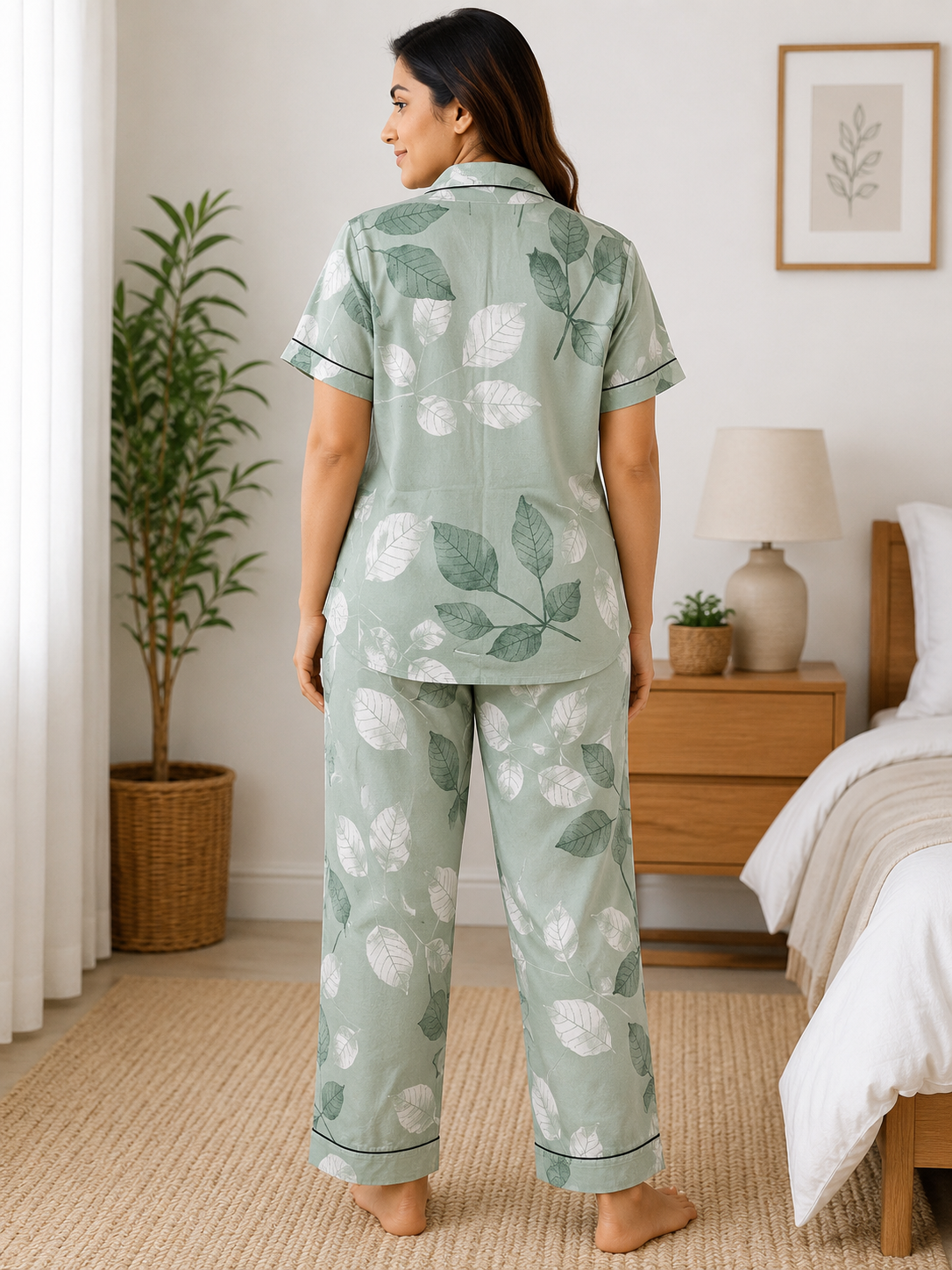 Premium Alfain Mint Green Botanical Co-ord Set,With Button-down front, notch collar, contrast black piping, elasticated waist.