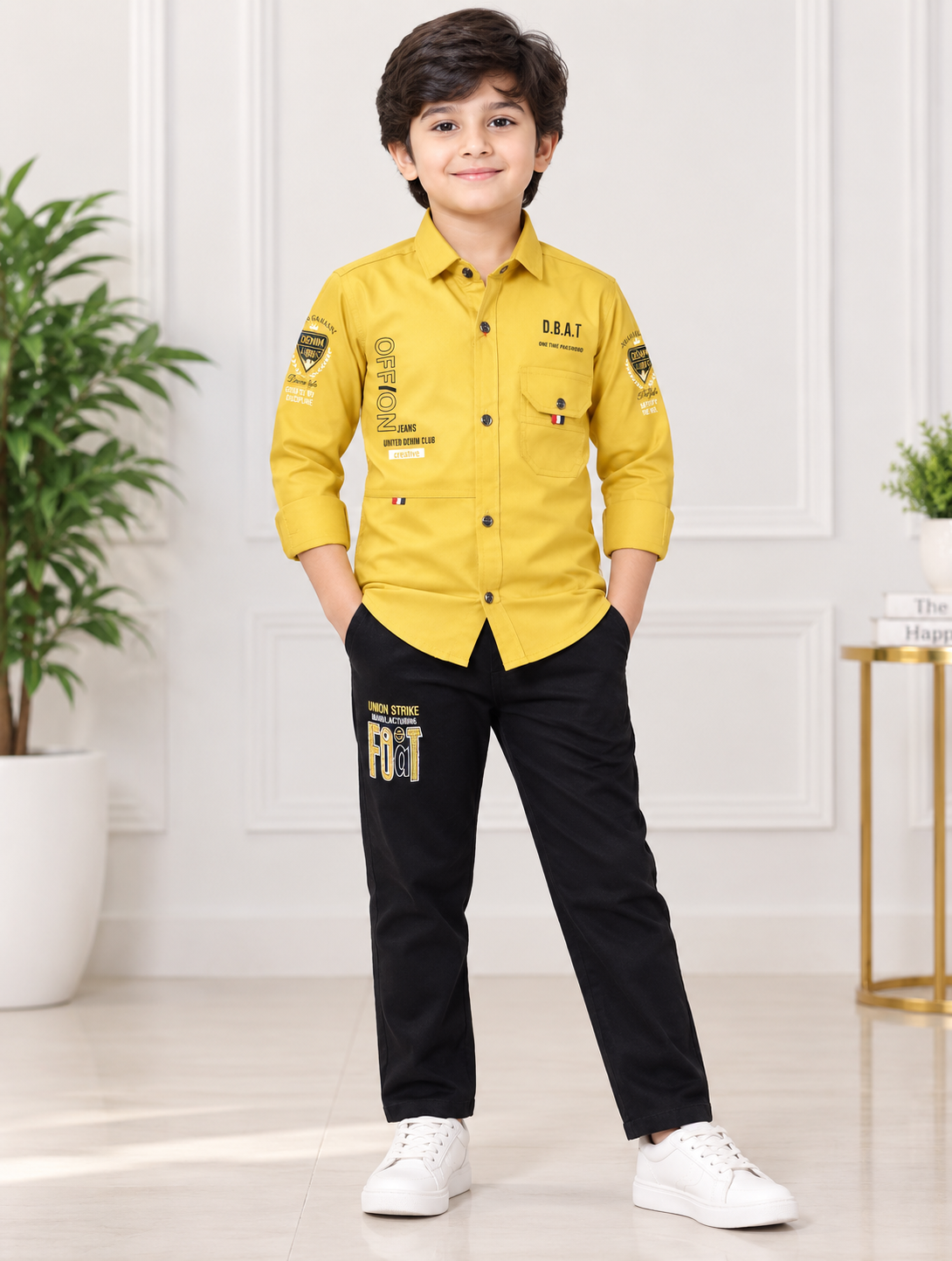 Boys Mustard Yellow Shirt and Black Denim Pant Set