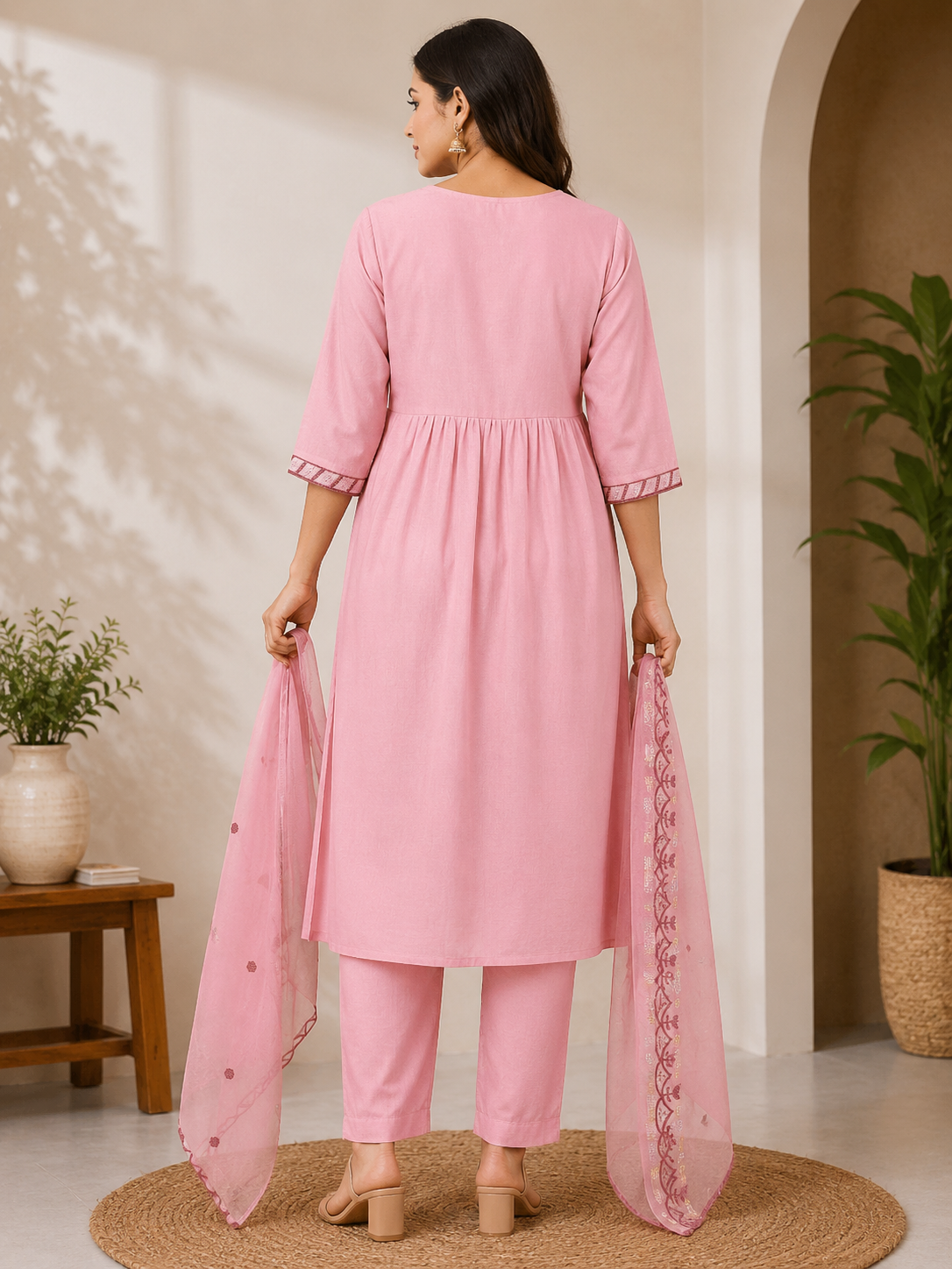 Graceful Light Pink Embroidered Rayon 3-Piece Anarkali Kurti Set