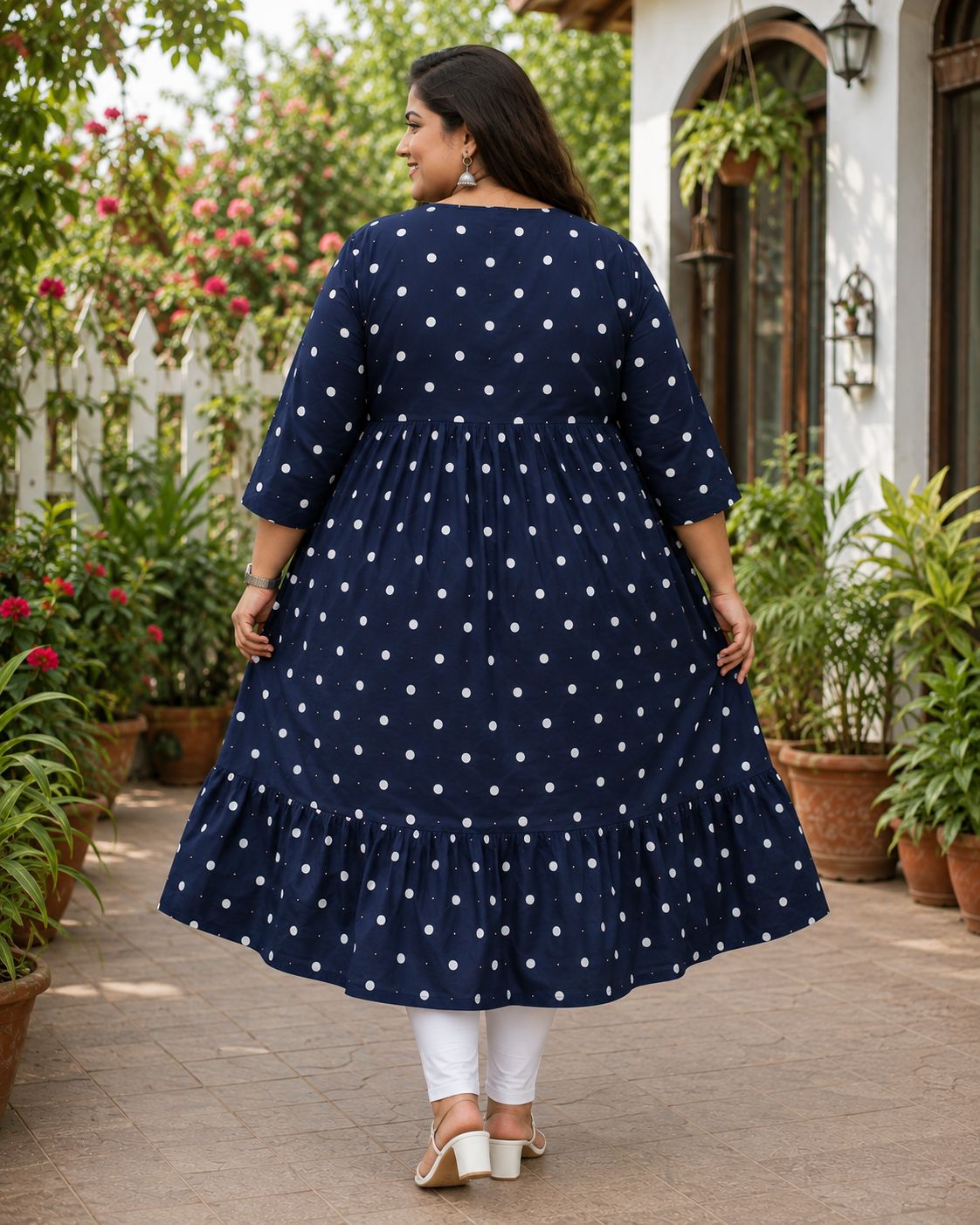 Women's Navy Blue Polka Dot Flared Umbrella model kurti with Elbow Sleeves